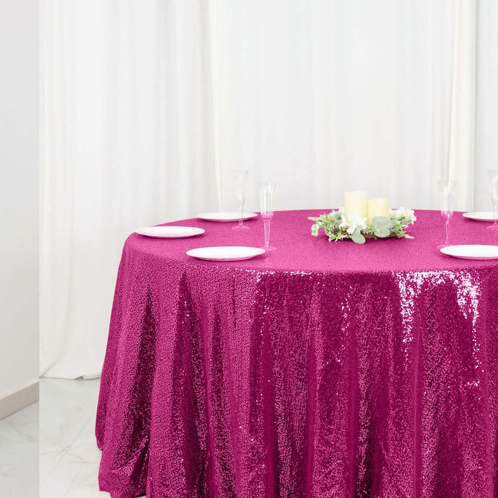 Hot Deal! Fuchsia Seamless Glittering 120' Round Sequin Tablecloth