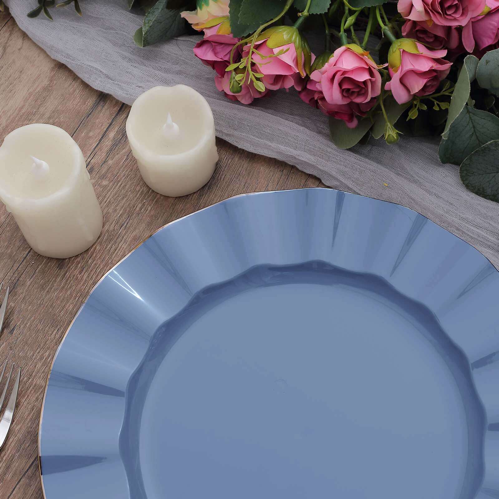 10-Piece Set of Sturdy Disposable Ocean Blue Round Dinner Plates with Gold-Rimmed Ruffled Edges