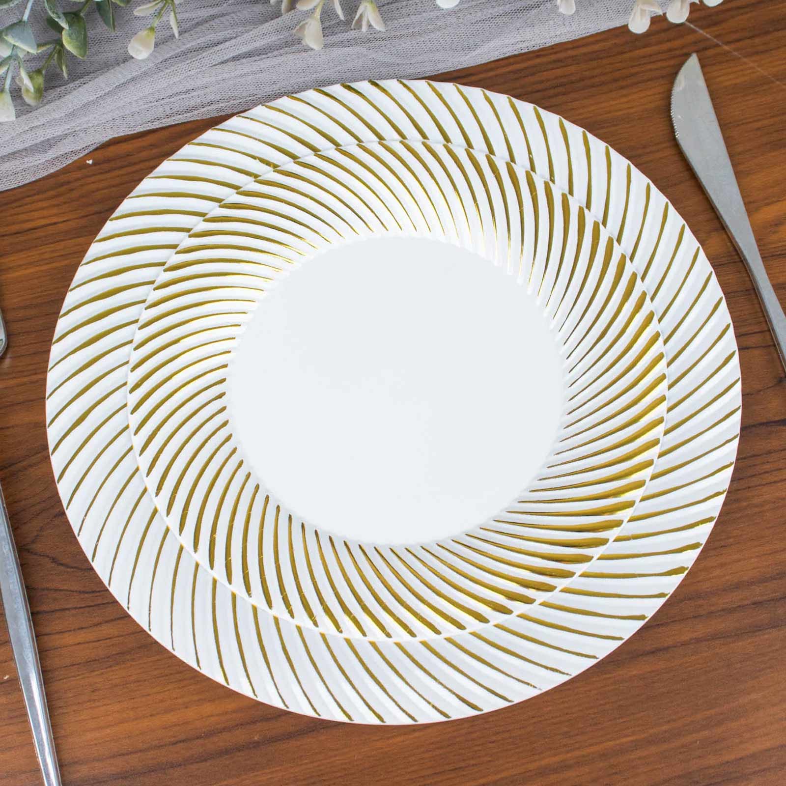 10-Pack Disposable White Plastic Round Dessert Plates with Gold Swirl Rim for Elegant Events