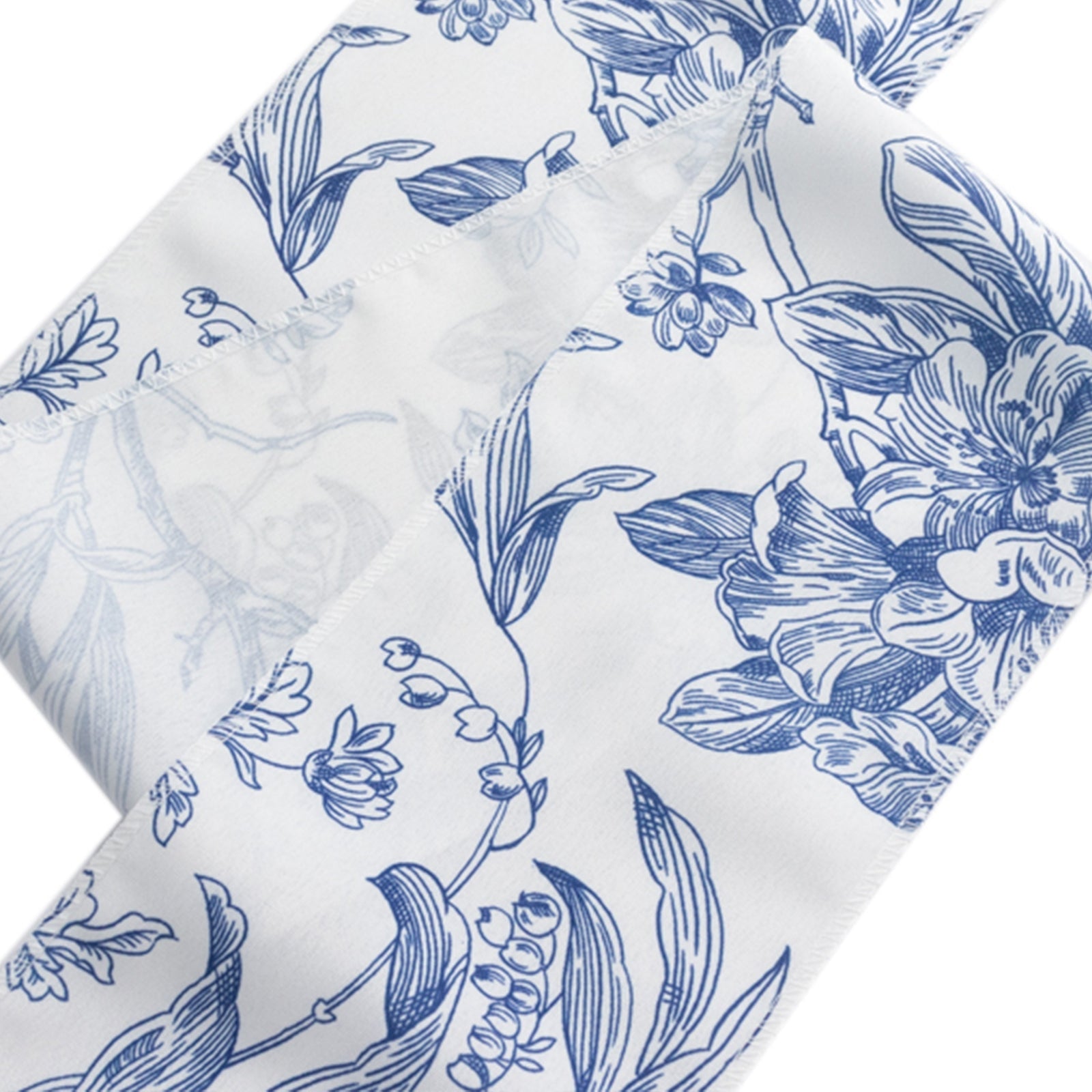 Wrinkle-Resistant Polyester Chair Sashes in White/Blue French Toile Floral Design for Weddings & Banquets