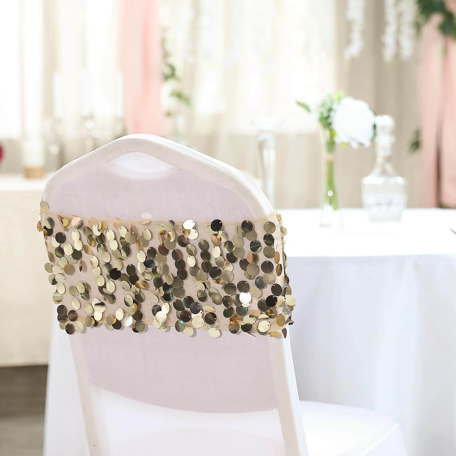5-Pack Champagne Payette Sequin 13x10 Chair Sash Bands - Ideal for Weddings & Gatherings