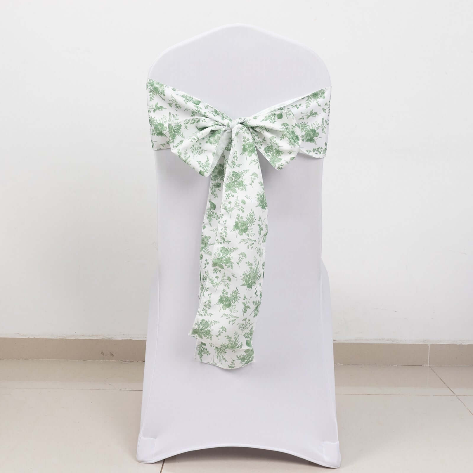 5-Pack French Toile Floral Polyester Chair Sashes in Dusty Sage Green - Stylish, Durable & Reusable