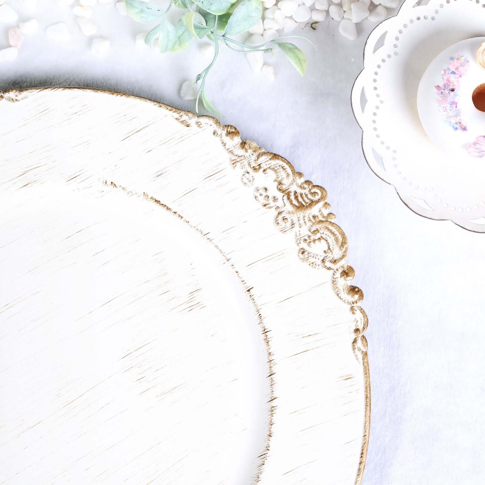 6-Piece Set of 13-Inch White Washed Acrylic Round Charger Plates with Gold Embossed Baroque Rim for Dinner Parties