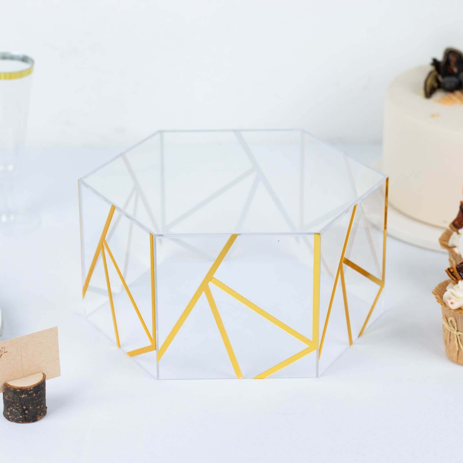 10x5 Clear and Gold Acrylic Hexagonal Cake Stand for Decorative Event Display