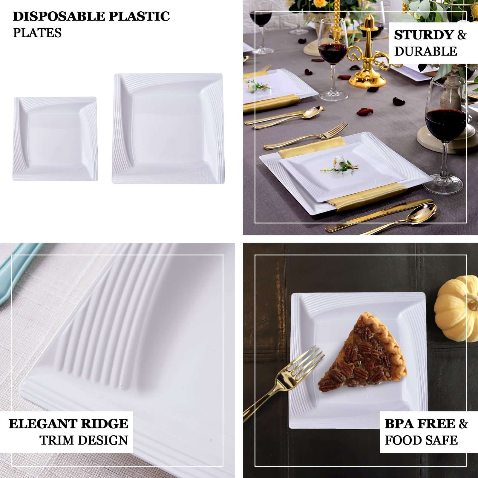 10-Pack White Disposable Plastic Square Dessert and Salad Plates with Geometric Ridge Trim for Stylish Events