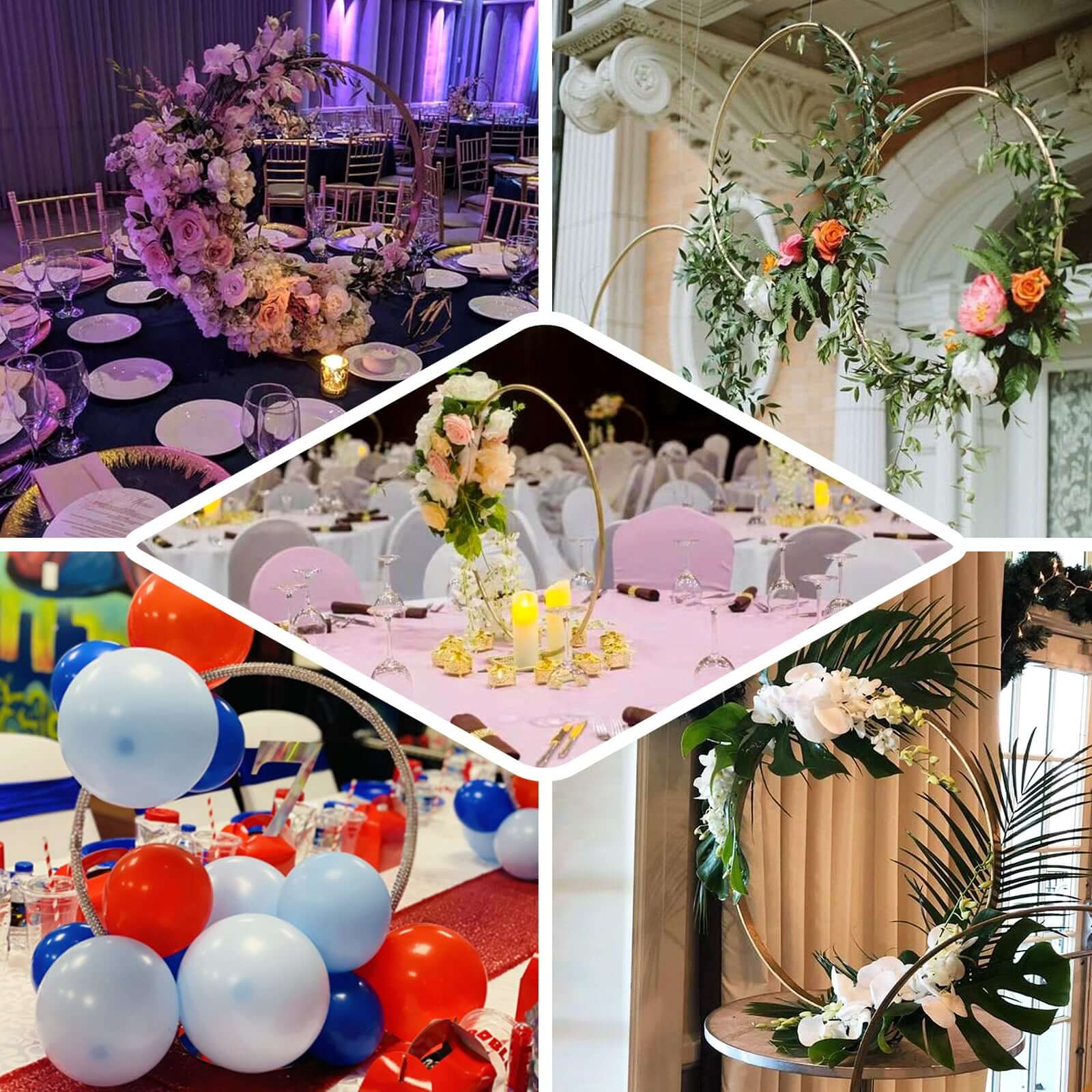 32-Inch Gold Metal Round Hoop Wedding Centerpiece - Self Standing Floral Wreath Frame for Table Decoration