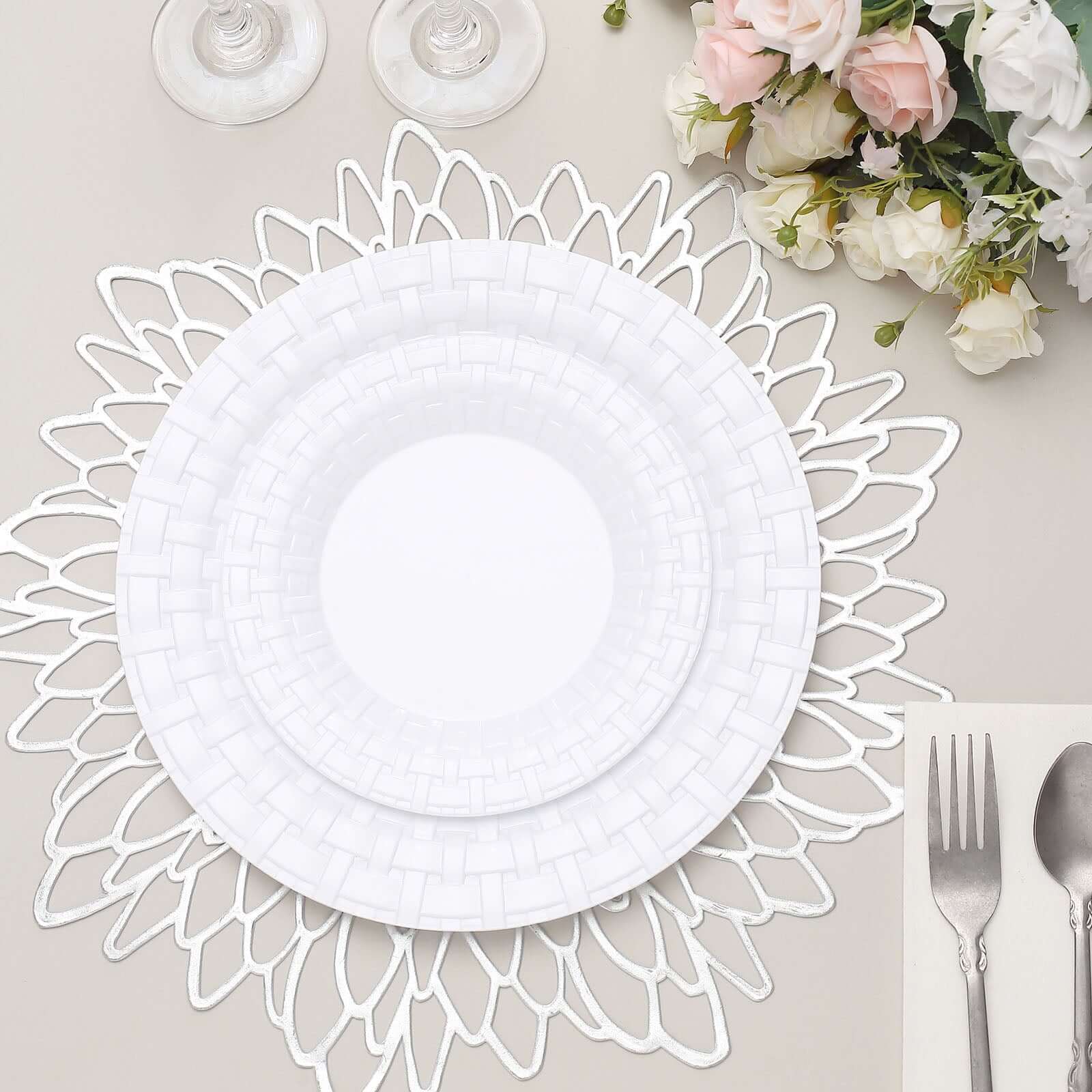 10-Piece Set of 7-Inch White Basketweave Rim Round Disposable Plastic Salad & Dessert Plates