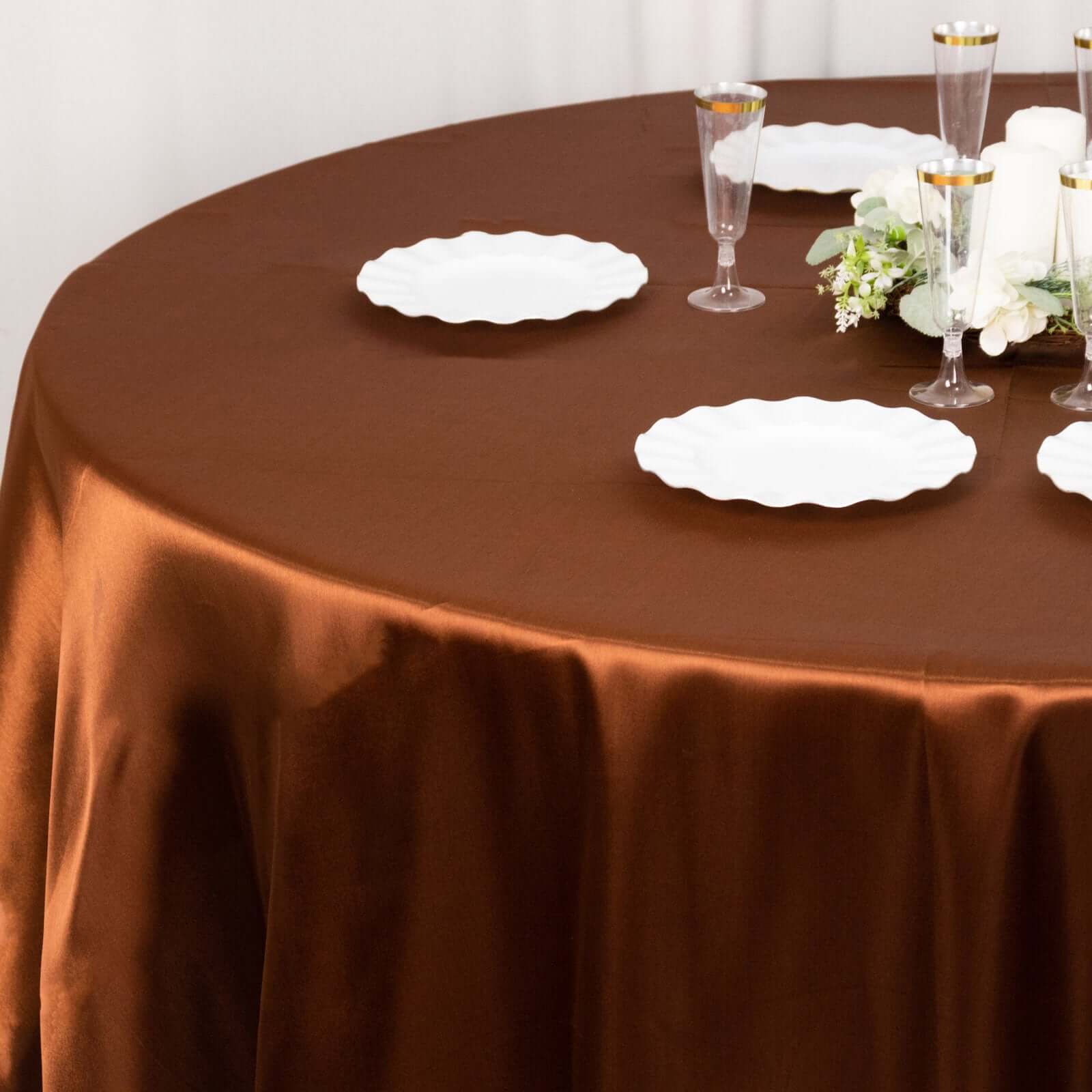 Stylish Satin 120-Inch Round Tablecloth in Cinnamon Brown - Seamless Table Cover for Special Occasions