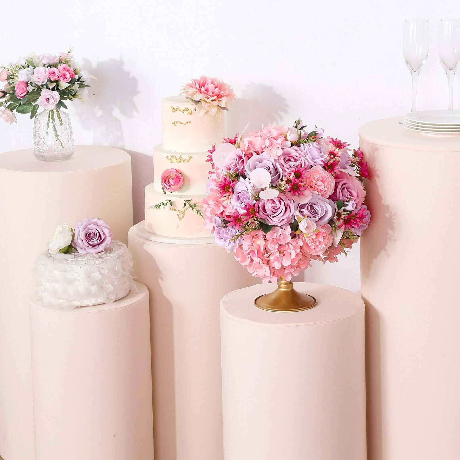 Hot Sale! Set of 5 Blush Spandex Stretchable Cylinder Pedestal Stand Covers, 160 GSM