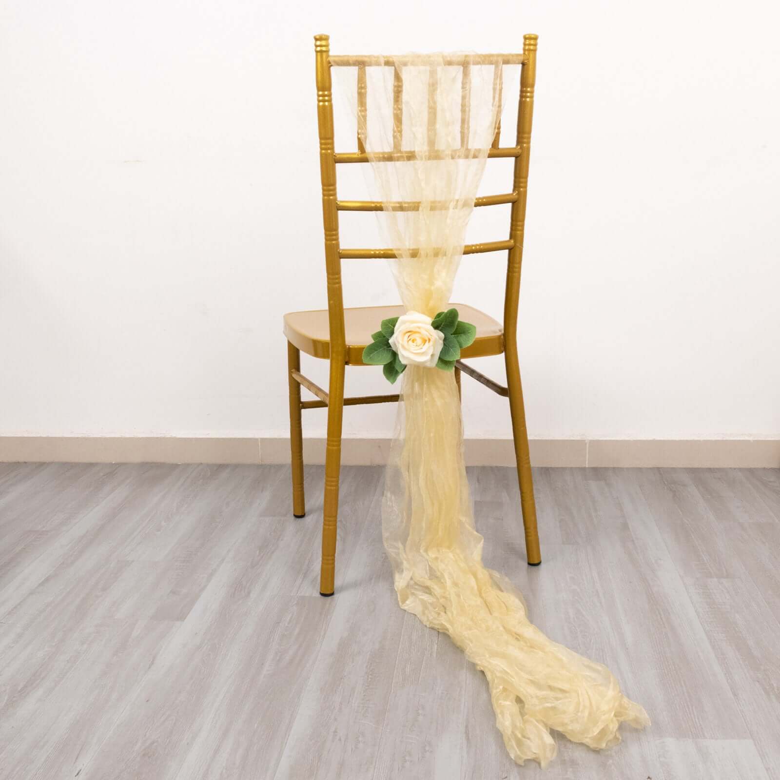 5-Pack Champagne Crinkled Organza Chair Sashes with Shimmer Chiffon Layers - Elegant Sheer Decor