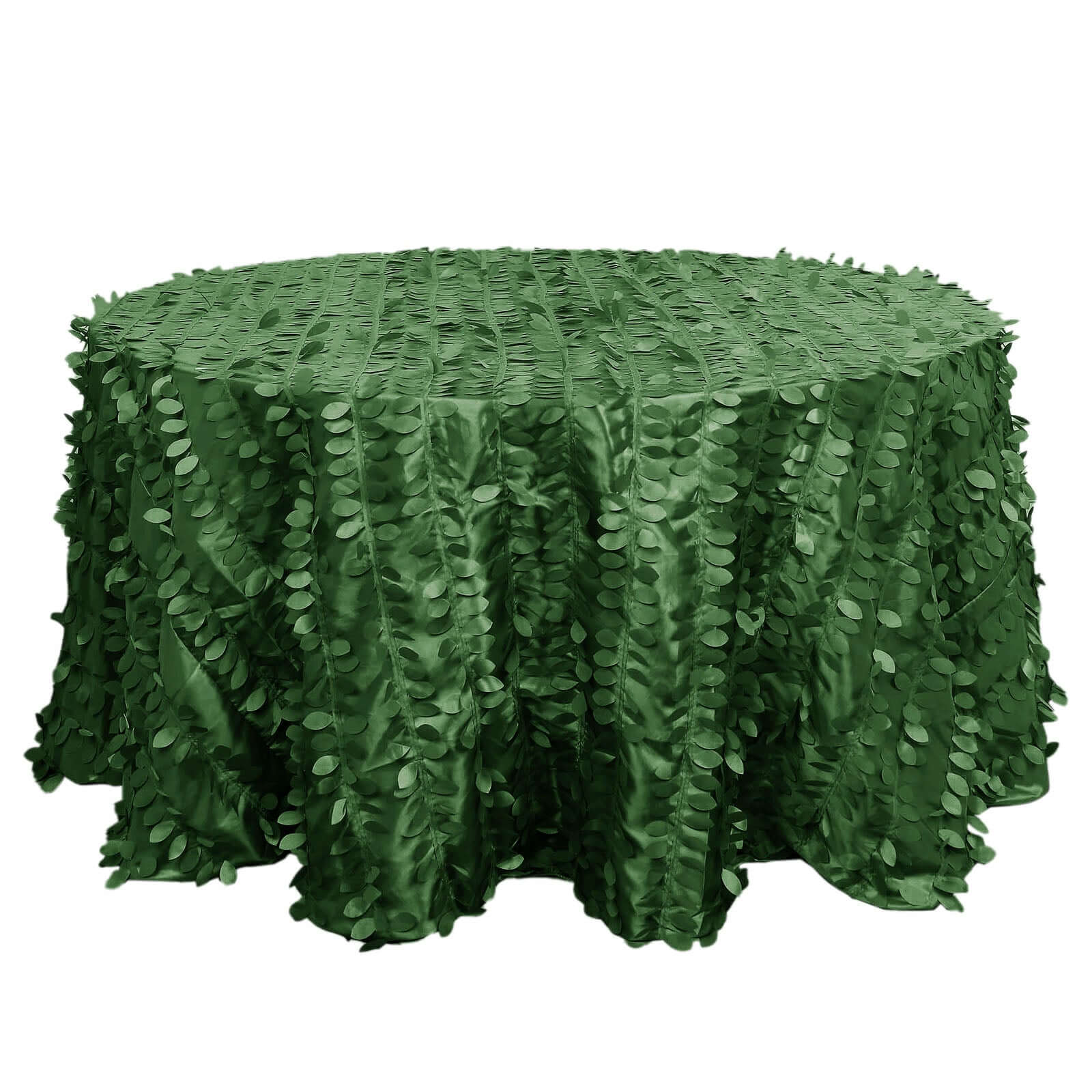 Green 132' Taffeta Round Tablecloth with 3D Leaf Petal Design - Perfect for Events!