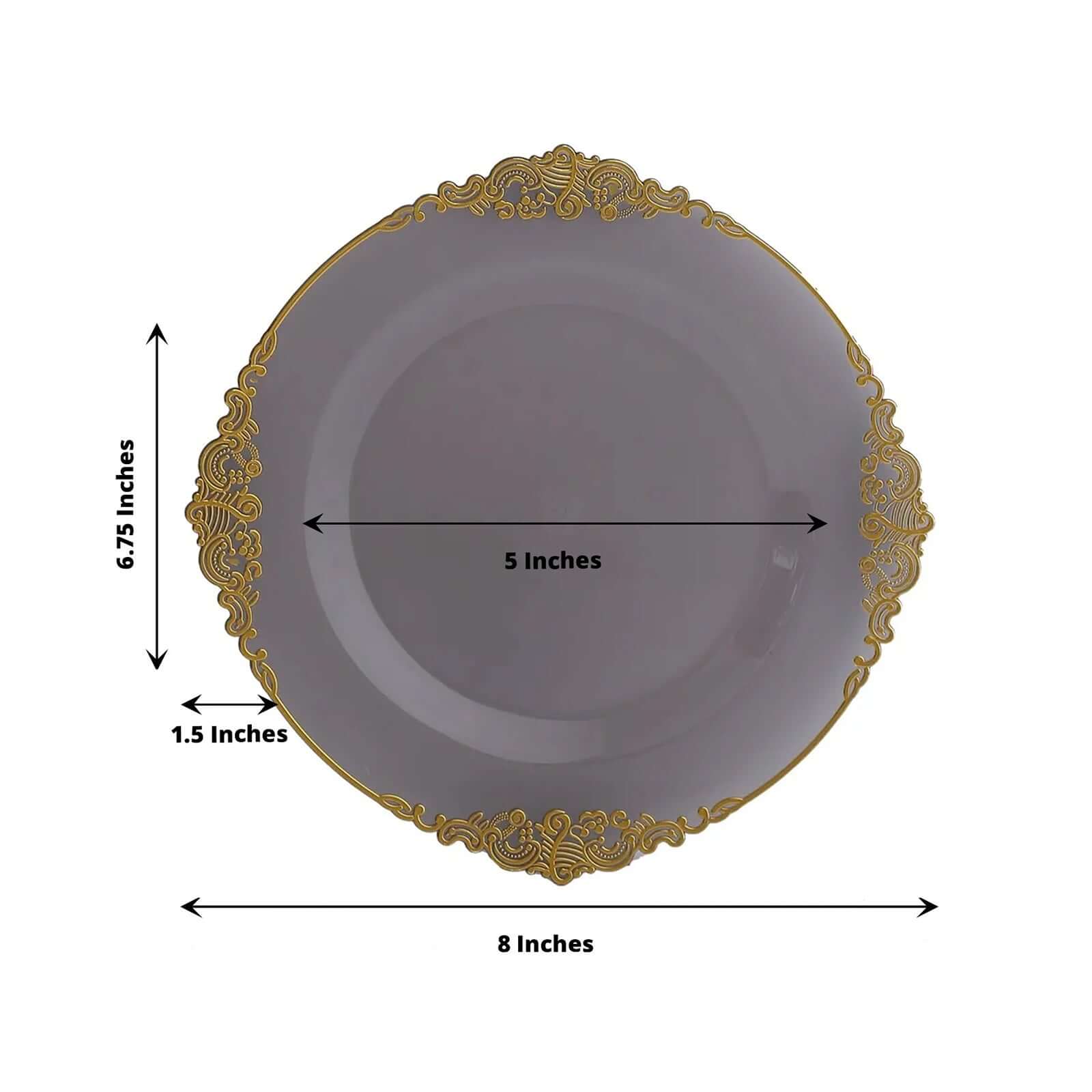 Hot Deal! 10-Pack Disposable 8-Inch Round Plastic Dessert Plates in Transparent Black with Gold Leaf Embossed Rim, Vintage Baroque Style