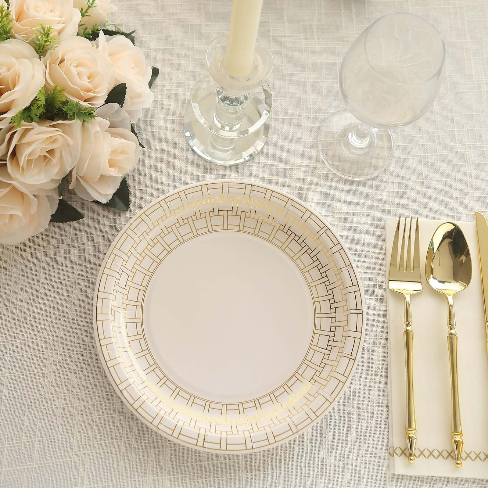 25-Pack Disposable White Paper Dinner Plates with 9" Gold Basketweave Rim for Parties
