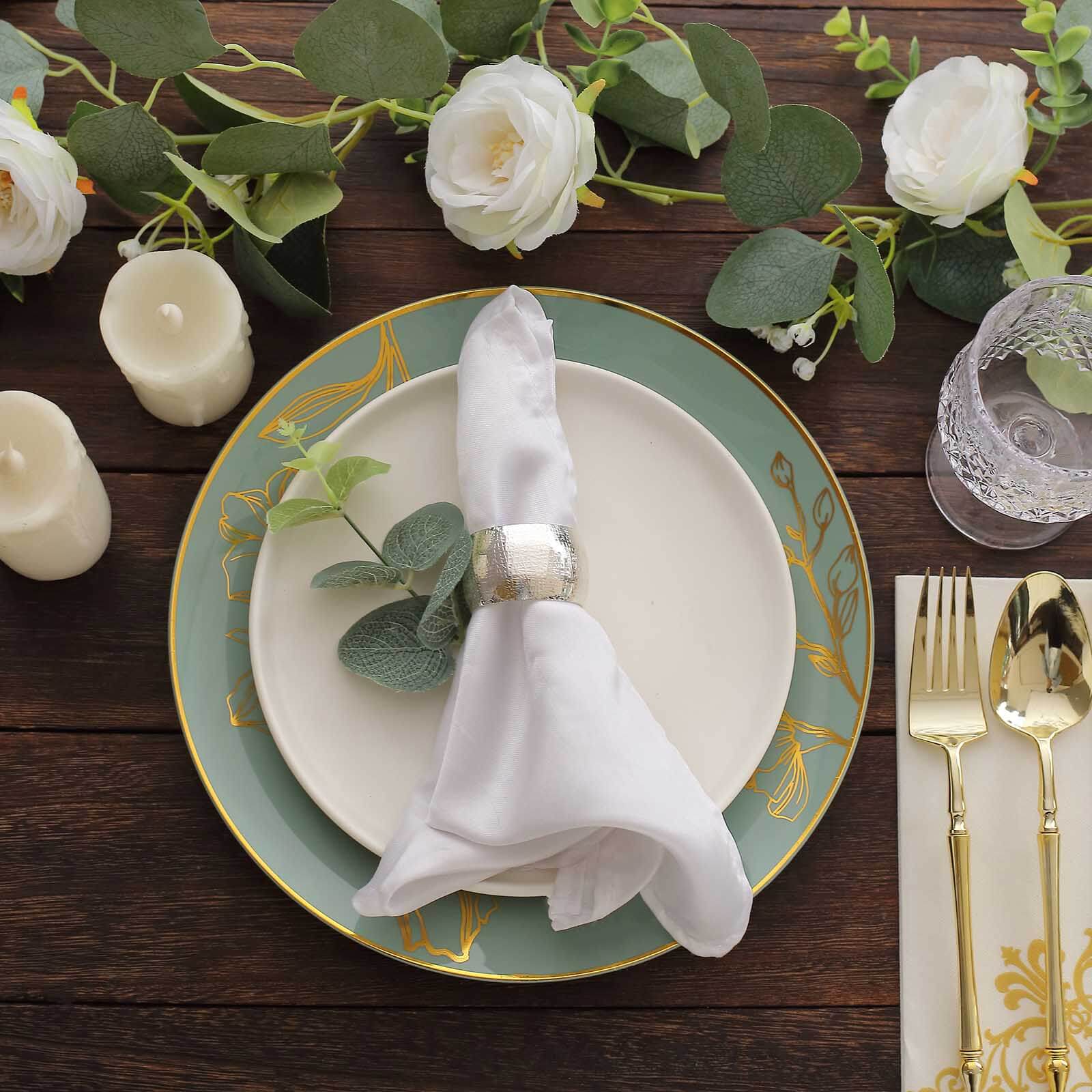 20-Piece Set of Disposable Plastic Dinner and Dessert Plates in Dusty Sage Green with Gold Floral Design