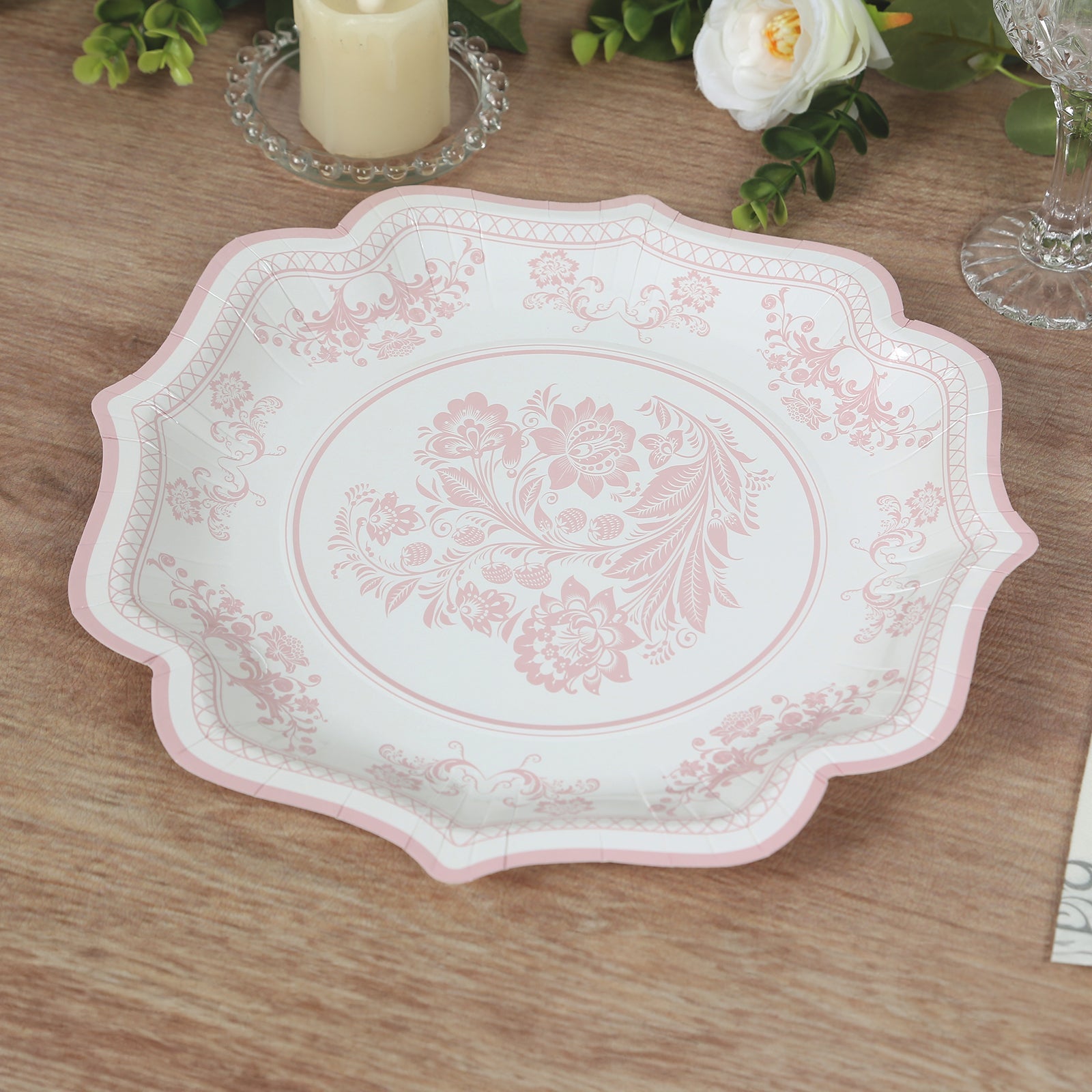 Get 25-Pack of Elegant White Disposable Paper Dessert Plates with Pink Floral Damask Print & Scallop Rim