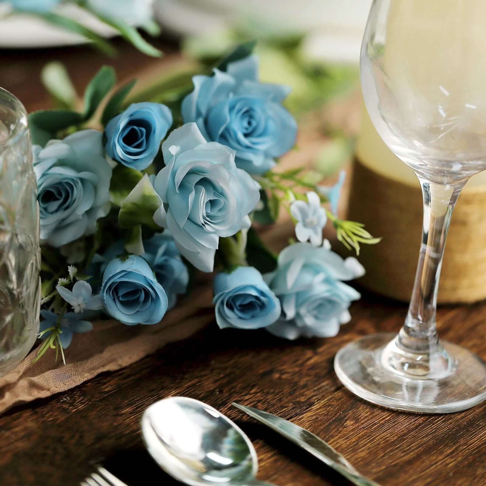 12-Inch Dusty Blue Realistic Artificial Silk Rose Flower Bouquet with 4 Bushes for Various Occasions