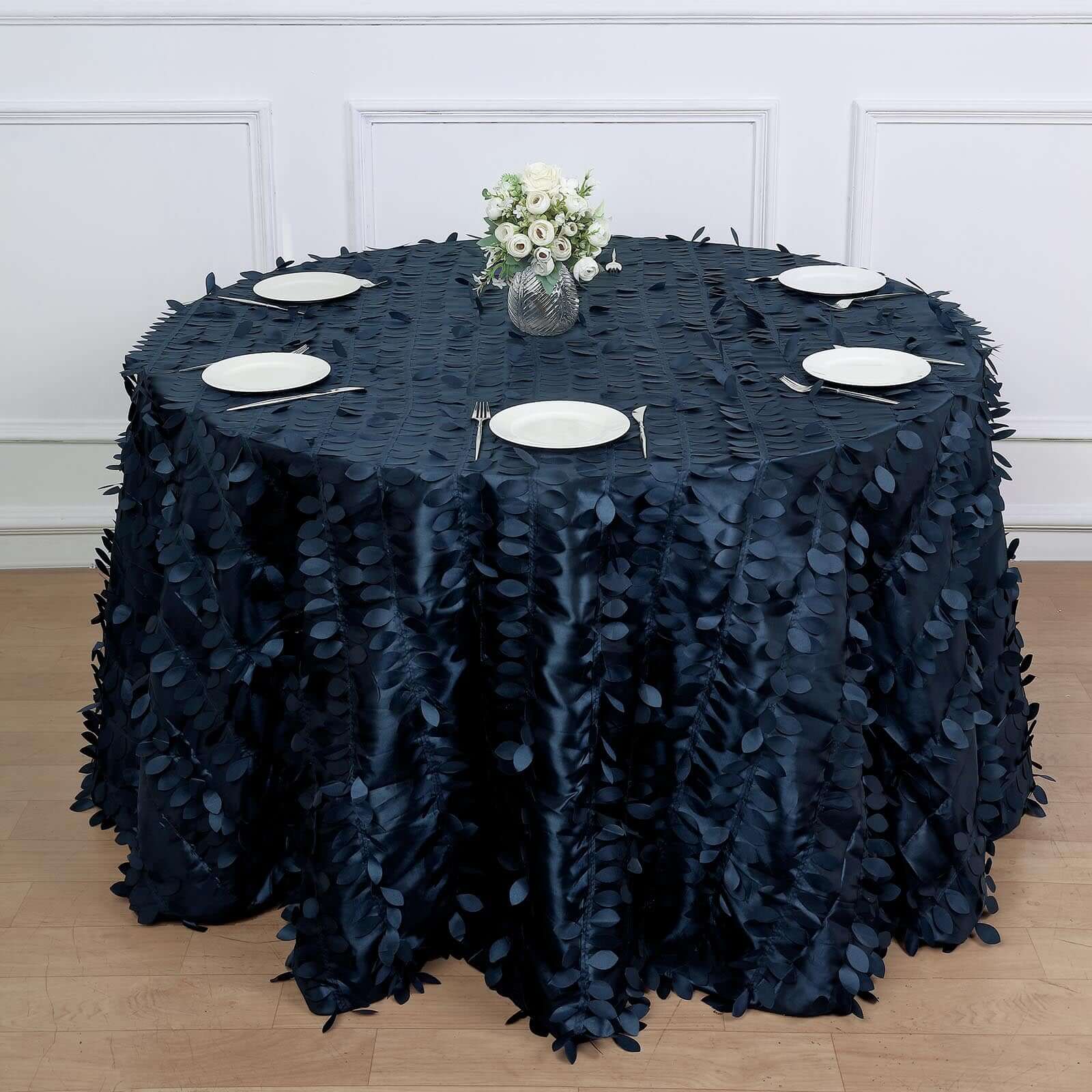 Navy Blue 120" Round Taffeta Tablecloth with Stunning 3D Leaf Petal Design