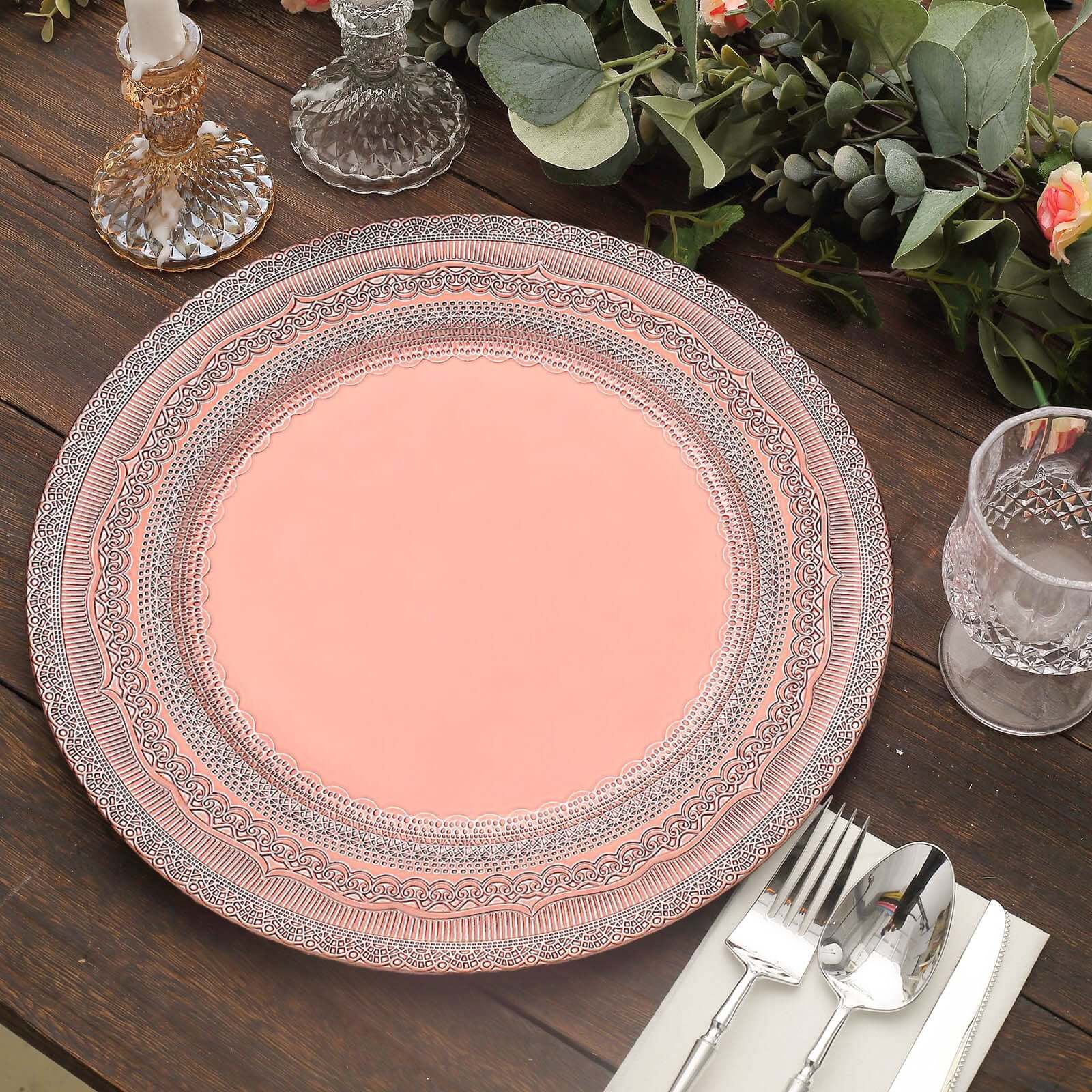 Hot Sale! 6-Pack 13-inch Rose Gold Acrylic Charger Plates with Lace-Embossed Rim for Table Decor