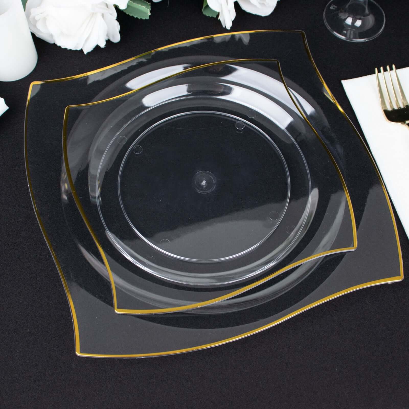 10-Pack Disposable Clear Plastic Square Dinner Plates with Gold Wavy Rim