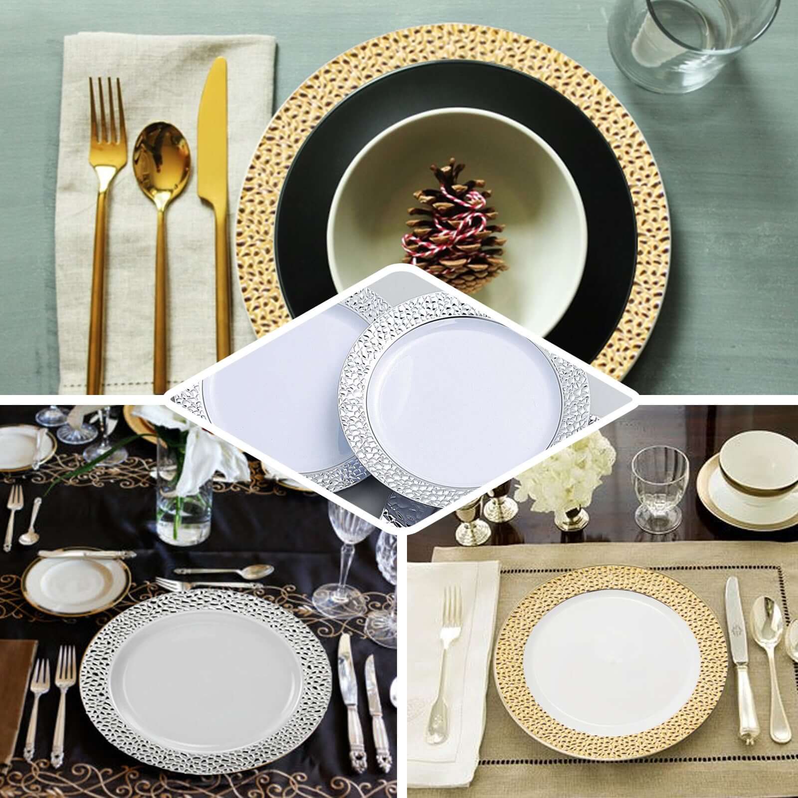 Special Offer! 10-Pack Disposable Round Plastic Dinner Plates with Clear Hammered Design and Gold Rim for Chic Events
