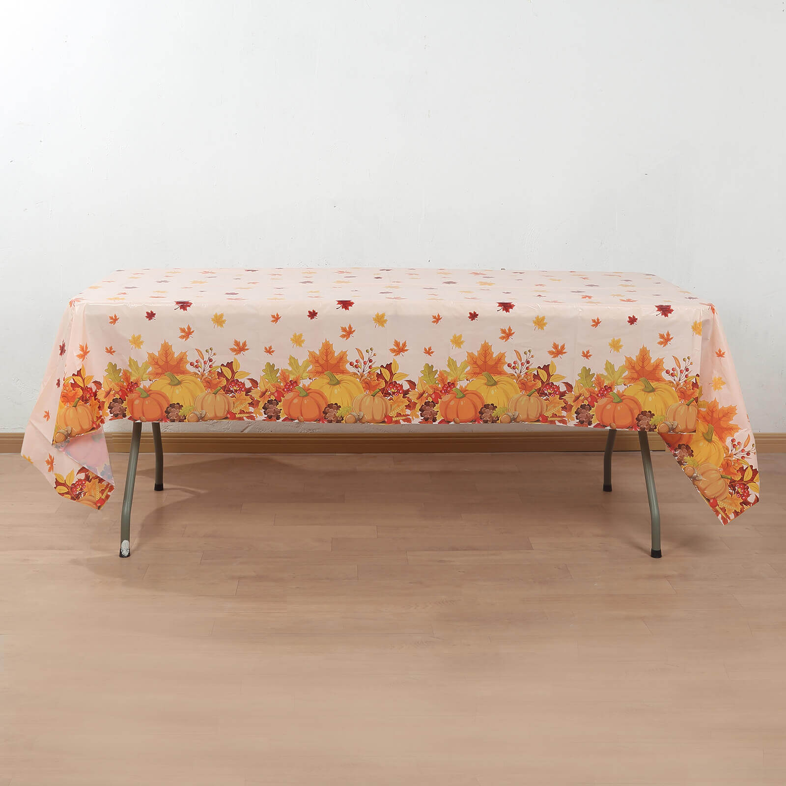 5-Pack Orange Thanksgiving Plastic Rectangle Tablecloths with Fall Leaves & Pumpkin Print - Festive PVC Disposable Covers