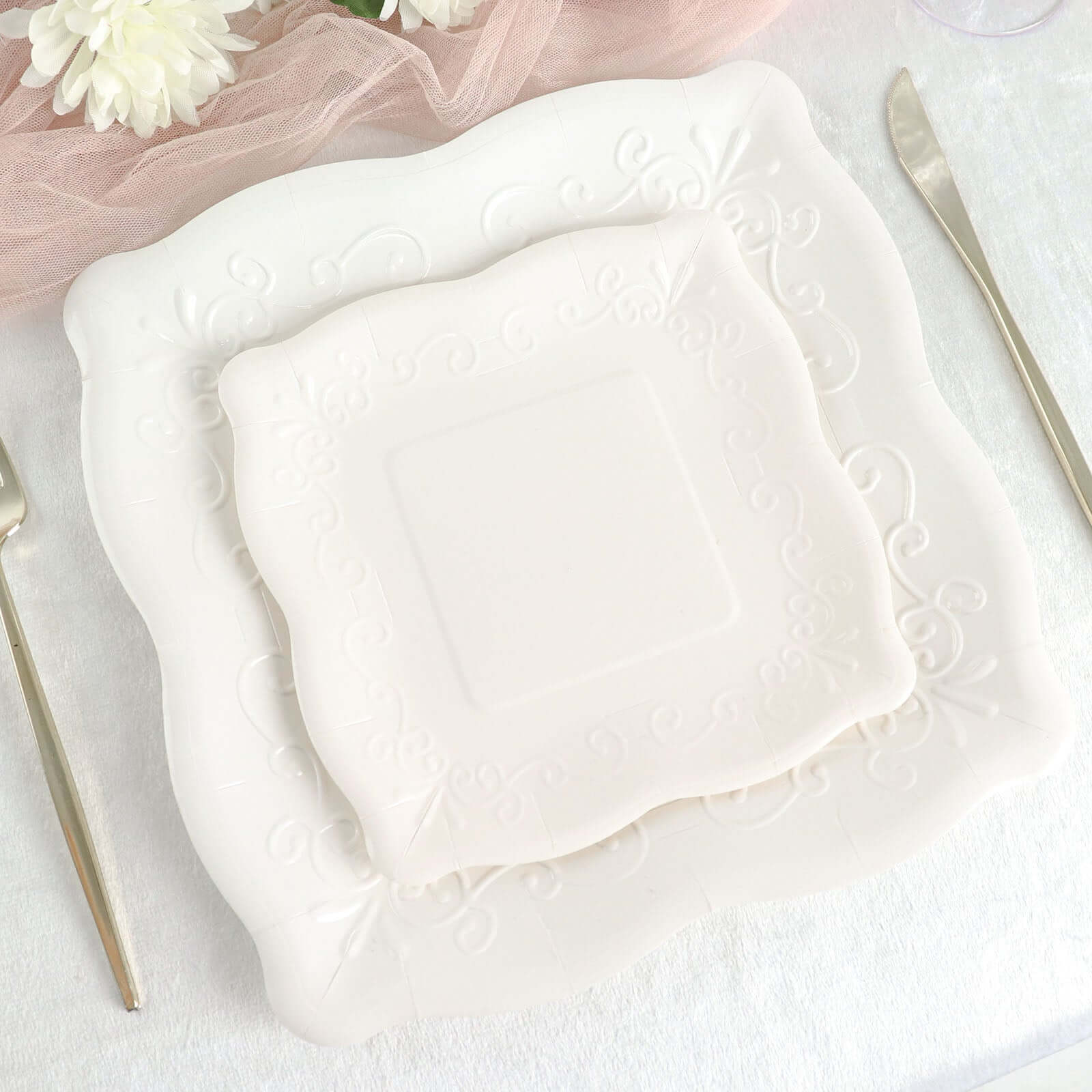 25-Pack White Square 7-Inch Disposable Dessert Plates with Vintage Pottery Embossed Design - Ideal for Special Events