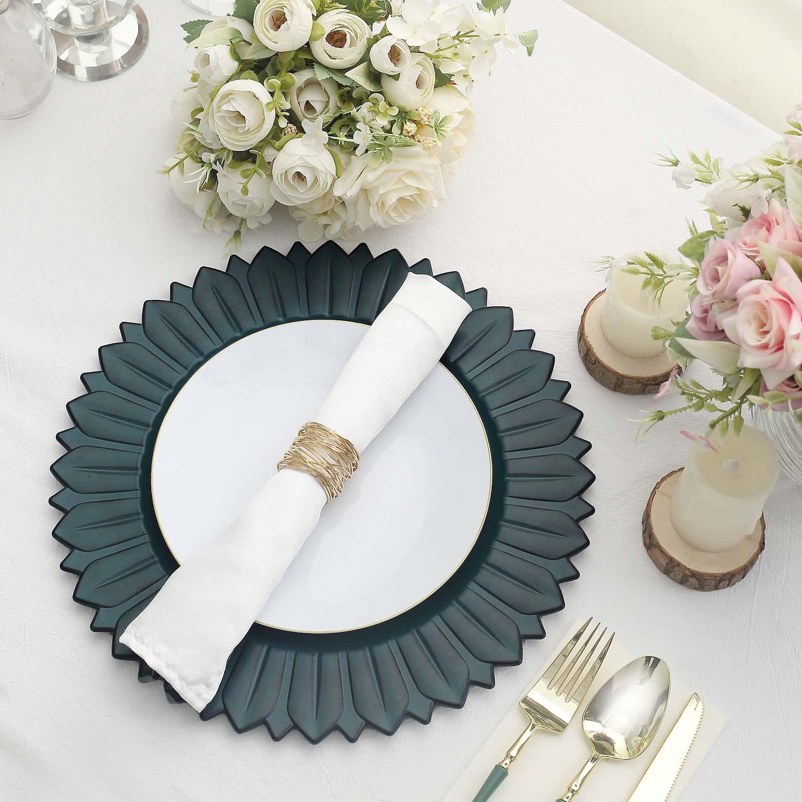 6-Piece Set of 13-Inch Matte Teal Plastic Round Charger Plates with Sunflower Rim