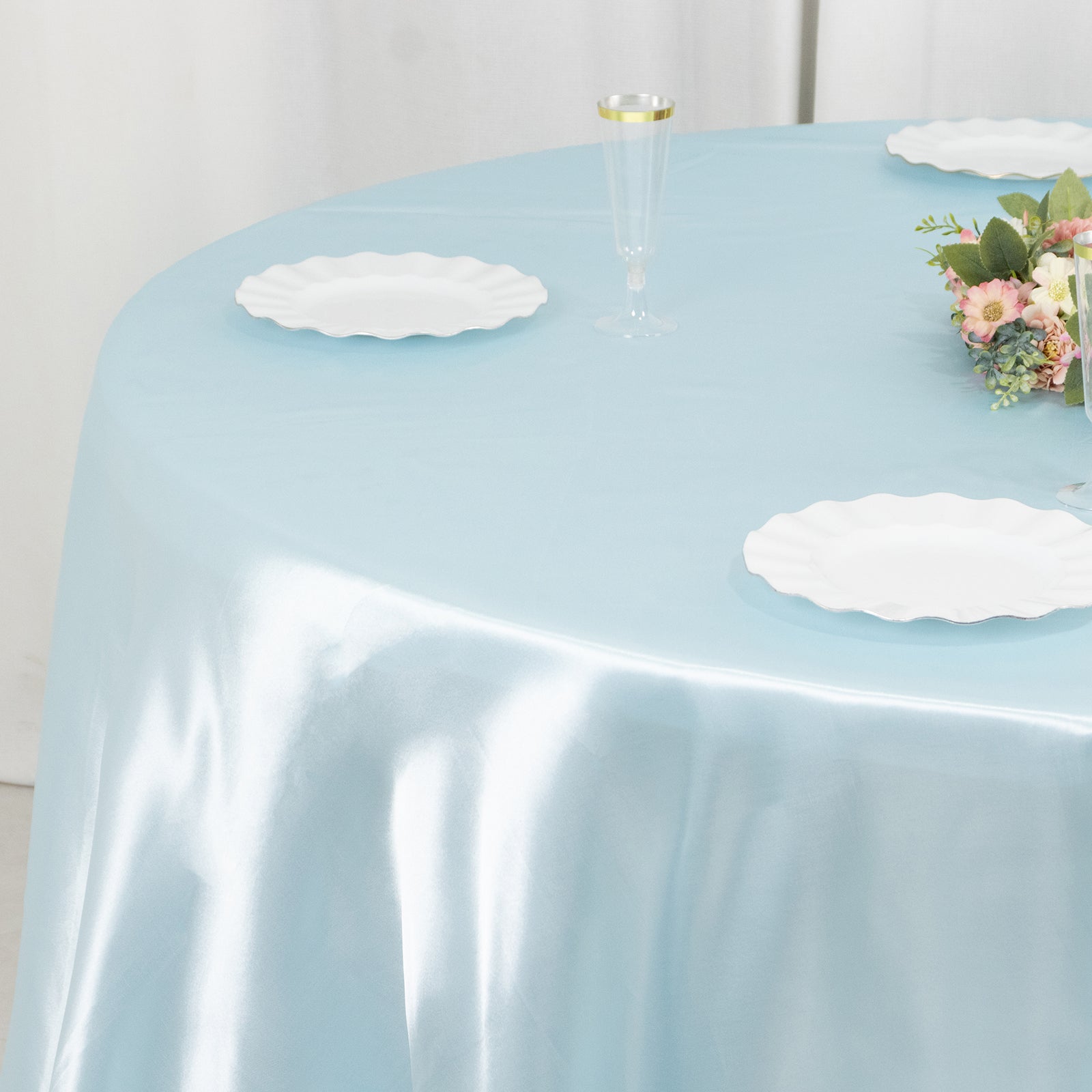 Light Blue Satin 132-Inch Round Seamless Stylish Tablecloth