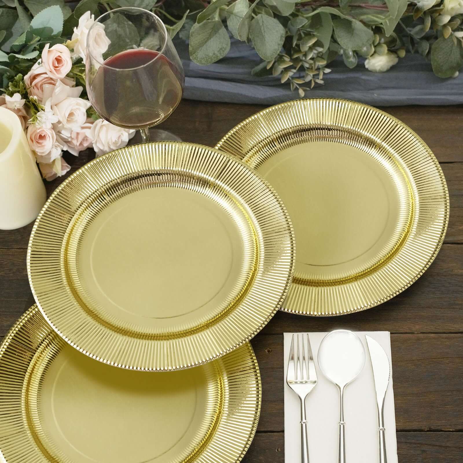 25-Piece Set of Disposable 8-Inch Round Metallic Gold Sunray Design Paper Dessert Plates - Heavy Duty 350GSM