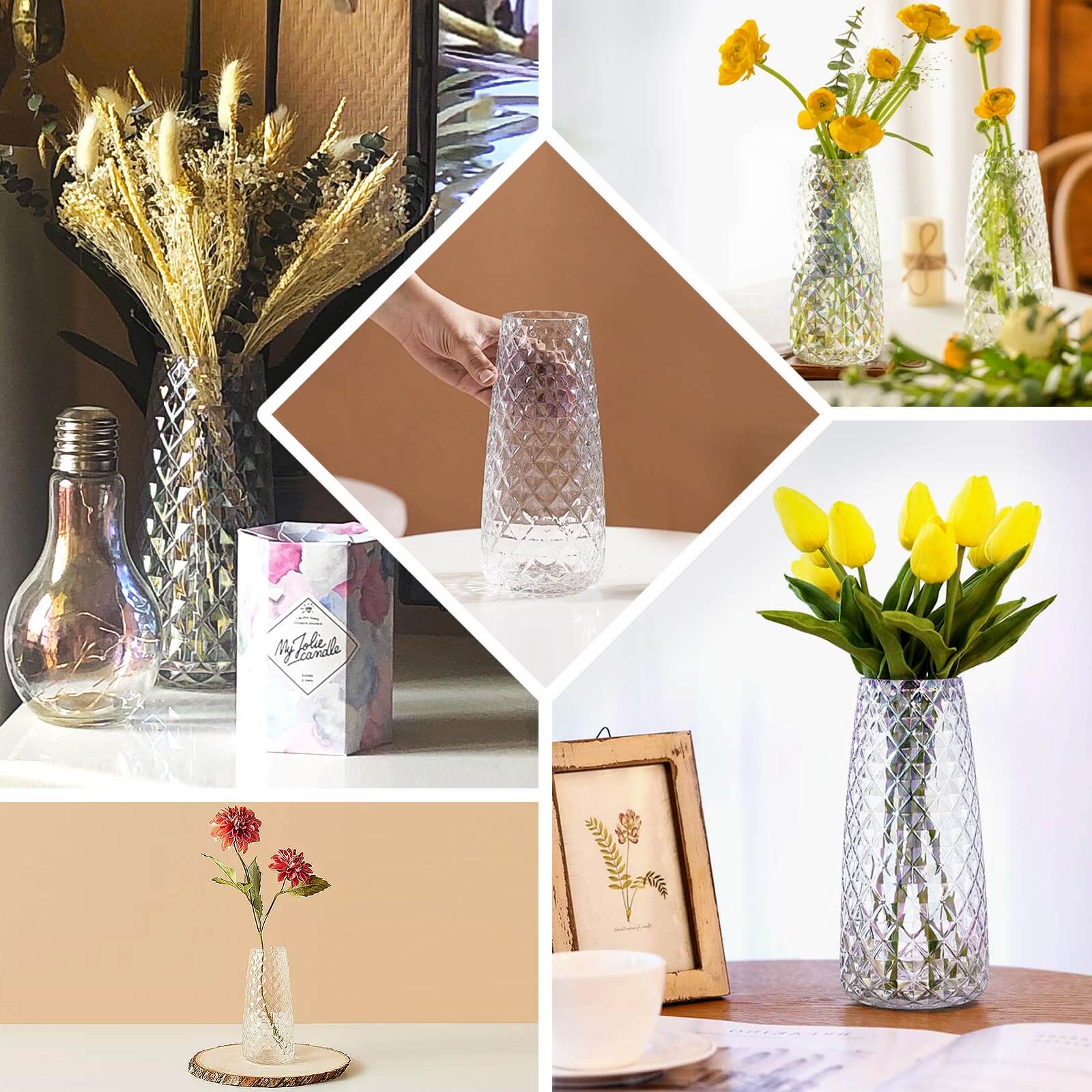 6-Pack Clear Glass Urn Vases with Diamond Cut Pattern - Ideal for Event Decor, 8.5 Inches