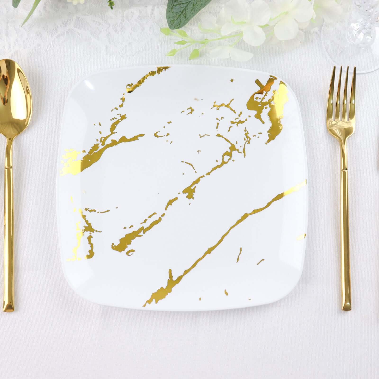 10-Piece Set of White Plastic Square Dessert Plates with Gold Marble Design - Ideal for Weddings and Special Events