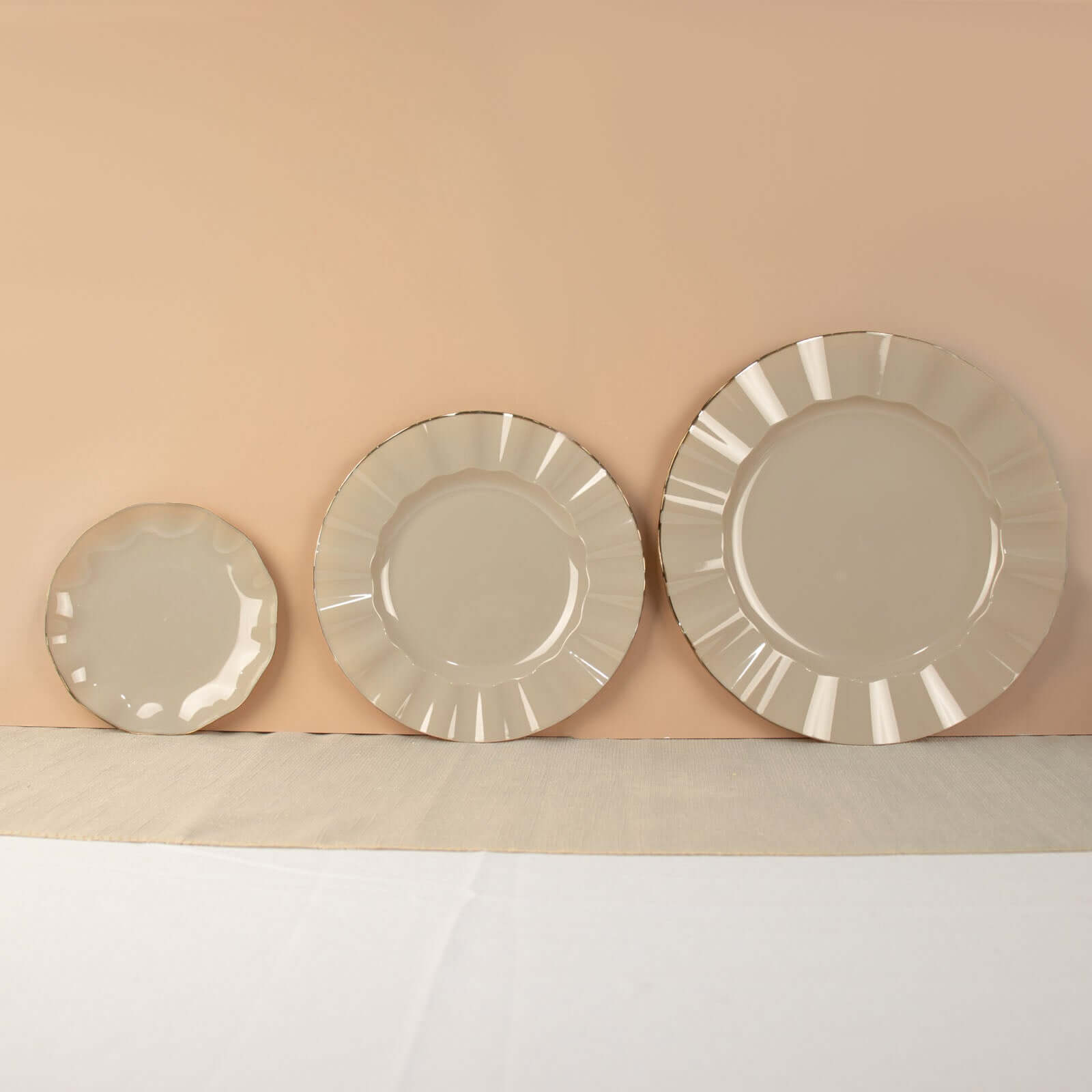 Hot Deal! 10-Pack 9" Taupe Plastic Round Dinner Plates with Gold Ruffled Edges - Sturdy Disposable