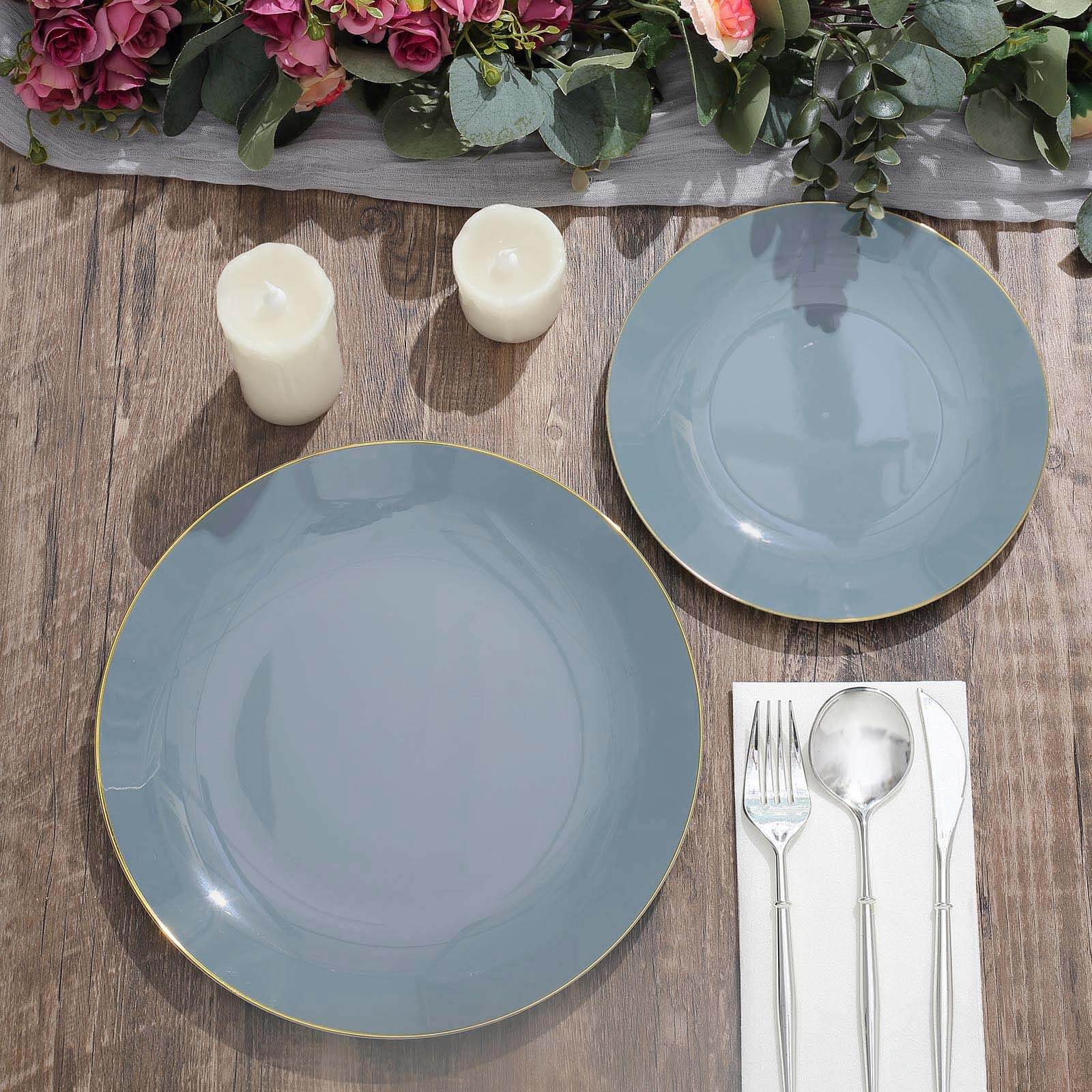 10-Piece Set of Disposable Round Dinner Plates in Dusty Blue with Gold Rim