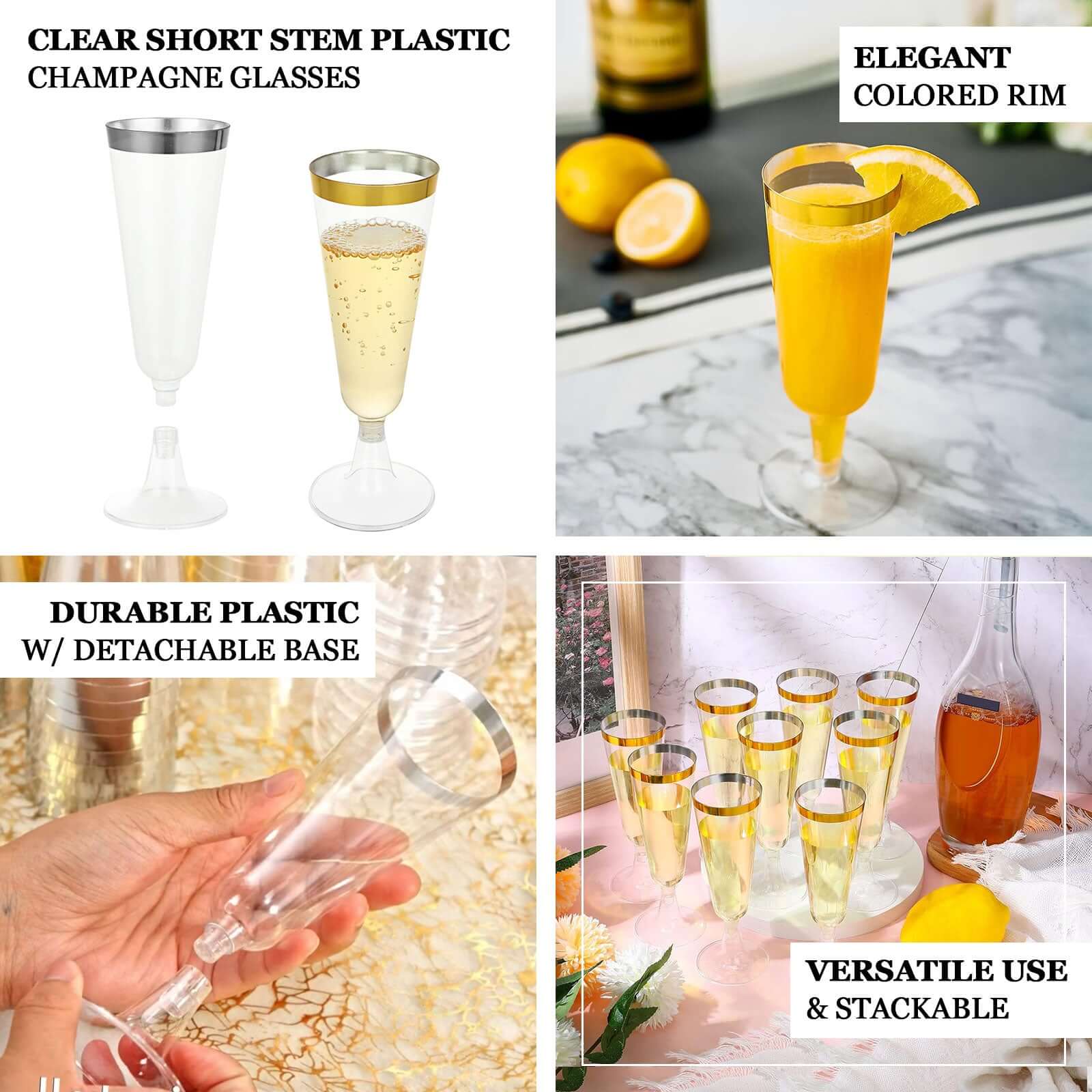 Hot Sale! 12-Pack 5oz Clear Plastic Champagne Flutes with Gold Rim - Disposable Party Glasses
