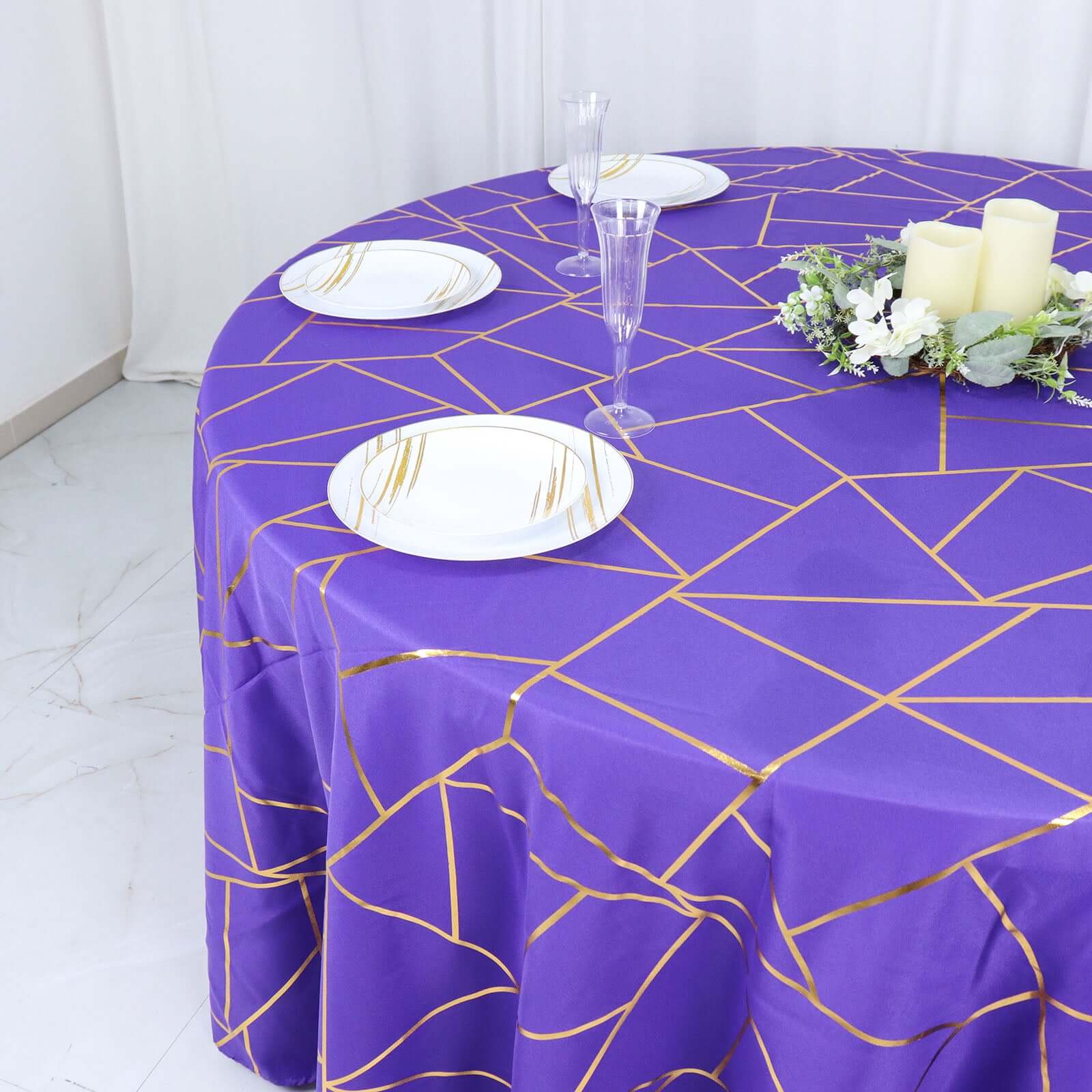 Hot! Wrinkle-Resistant Purple Polyester Round Tablecloth with Gold Foil Geometric Pattern, 120" Dia.