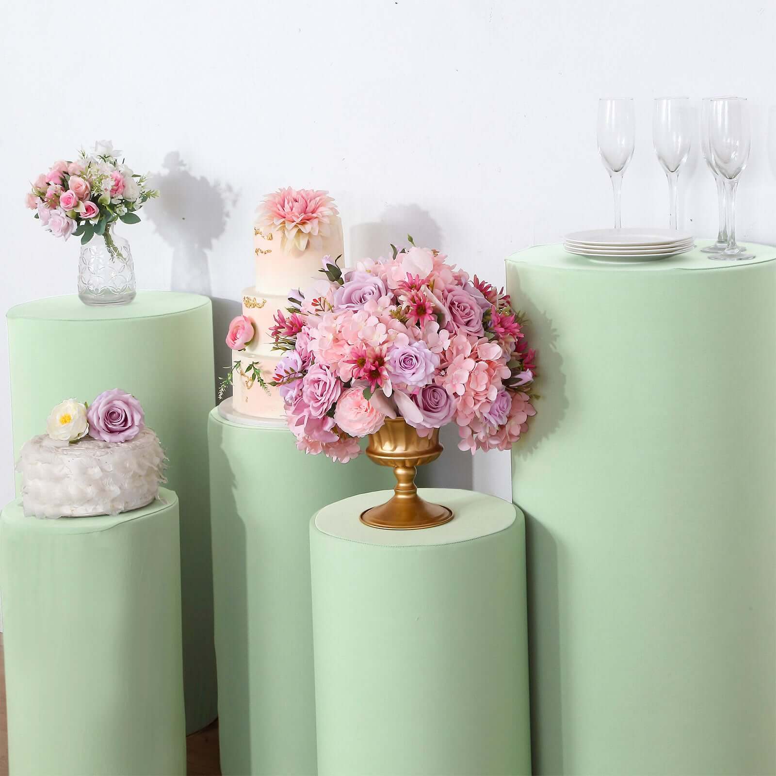 Special Offer! Set of 5 Stretchable Sage Green Spandex Cylinder Pedestal Stand Covers - 160 GSM