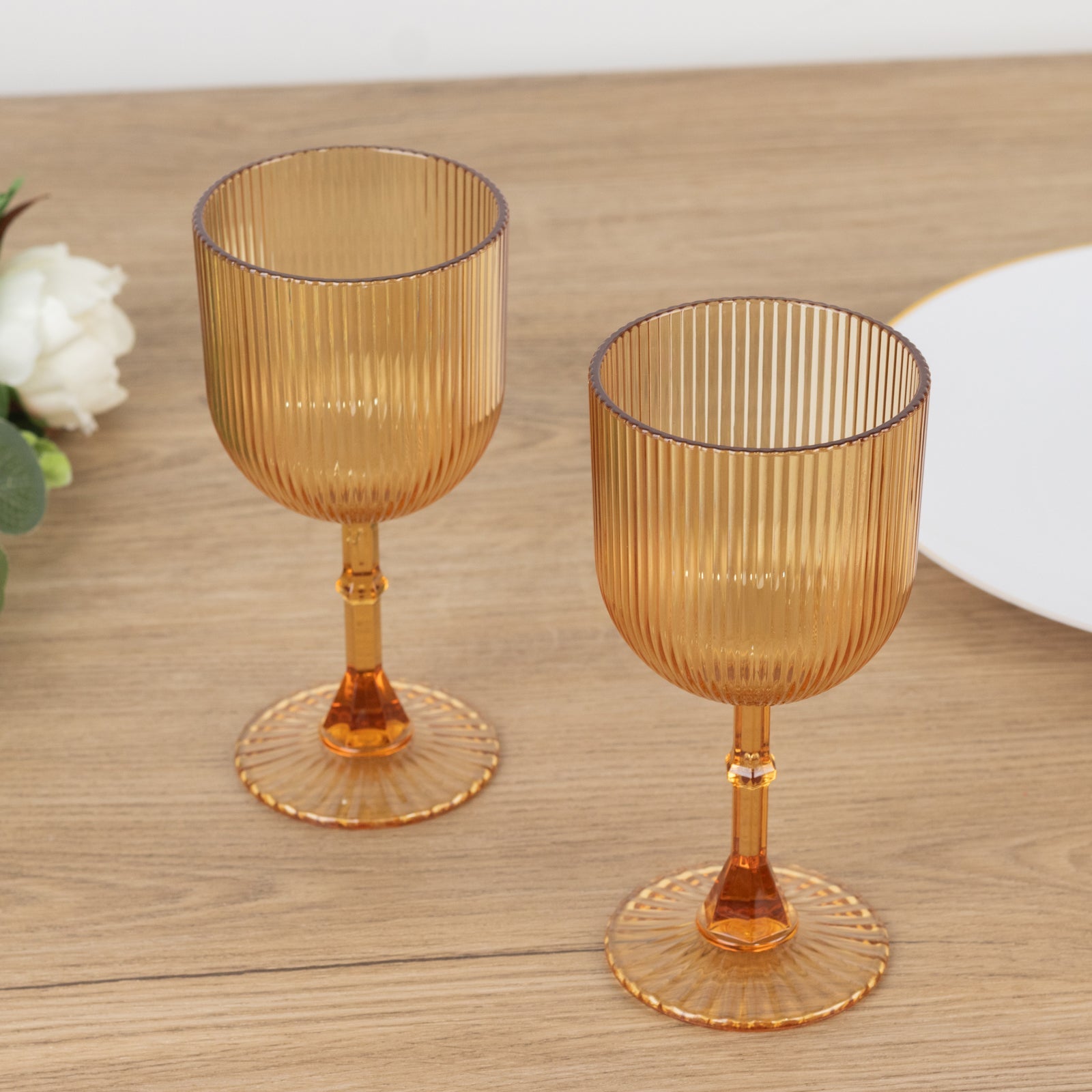 12-Pack Reusable 9oz Amber Gold Vintage Ribbed Plastic Wine Goblets - Shatterproof Glassware