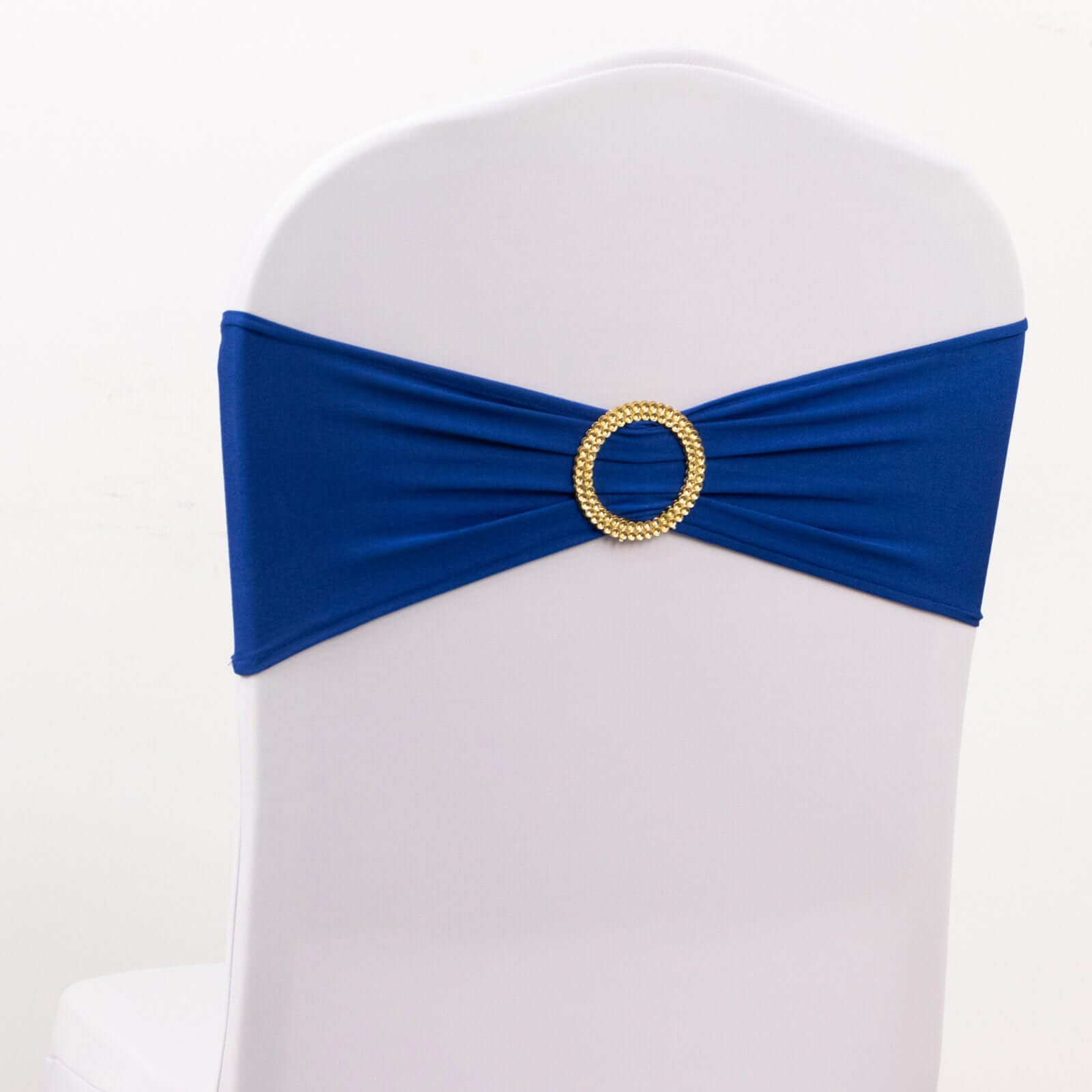 Royal Blue Spandex Chair Sashes with Gold Rhinestone Buckles - 5 Pack, Reusable & Four-Way Stretch