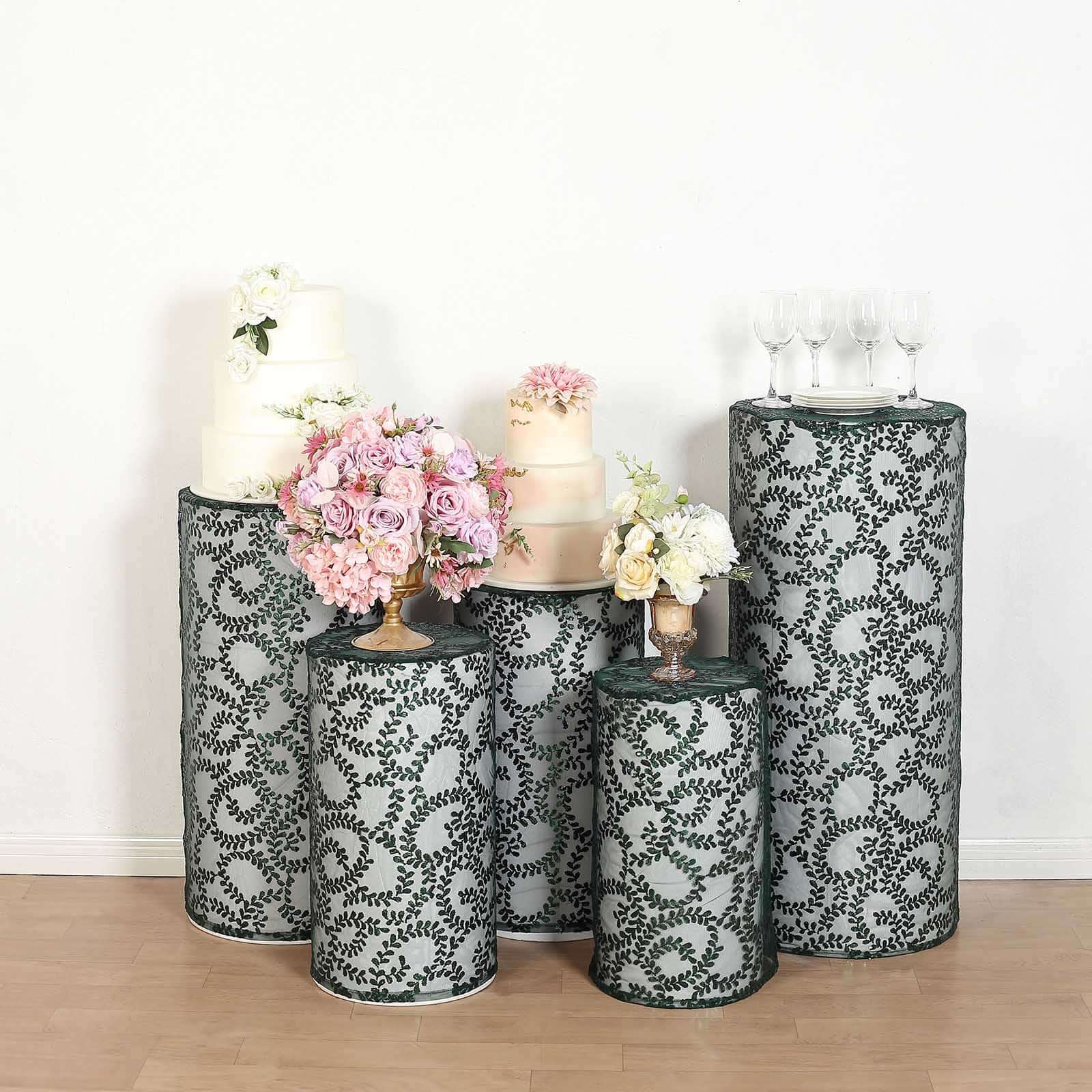 Hot Deal! Set of 5 Sparkly Hunter Emerald Green Sequin Mesh Cylinder Pedestal Stand Covers with Leaf Vine Embroidery
