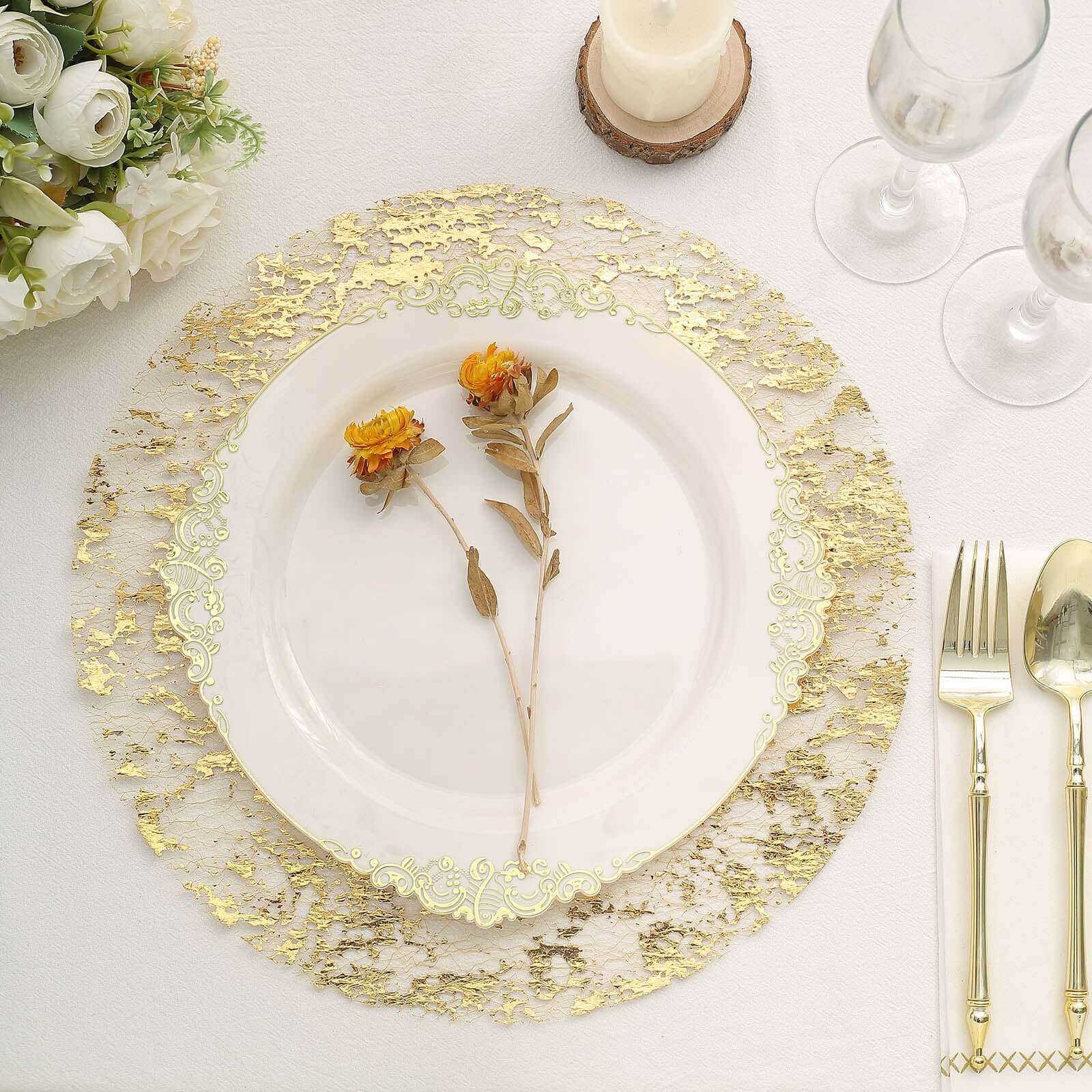 10-Piece Metallic Gold Round Foil Design Disposable Shiny Table Placemats 13 Inches