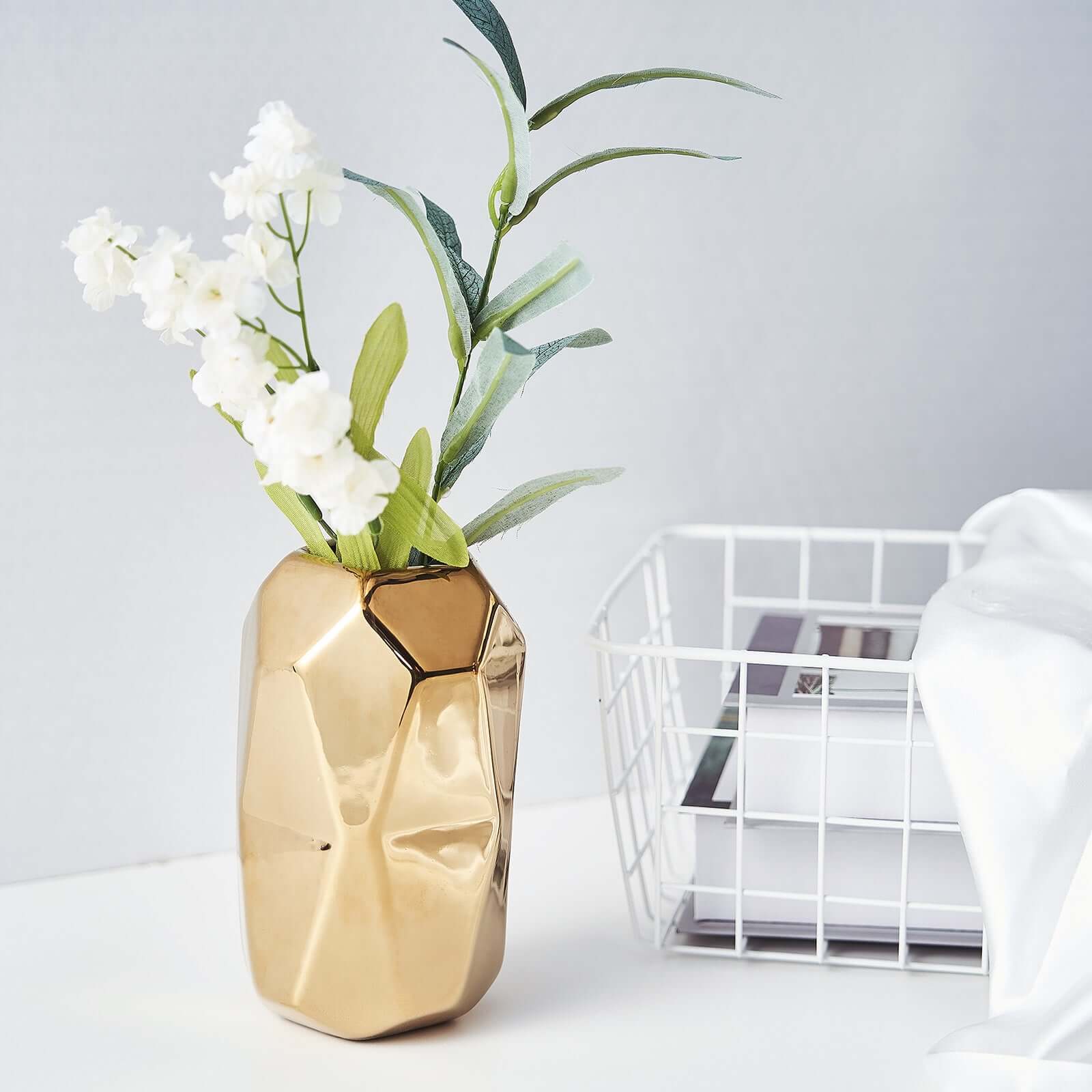 2-Pack Gold Metallic Ceramic Geometric Cylinder Vases - Ideal for Stylish Floral Arrangements