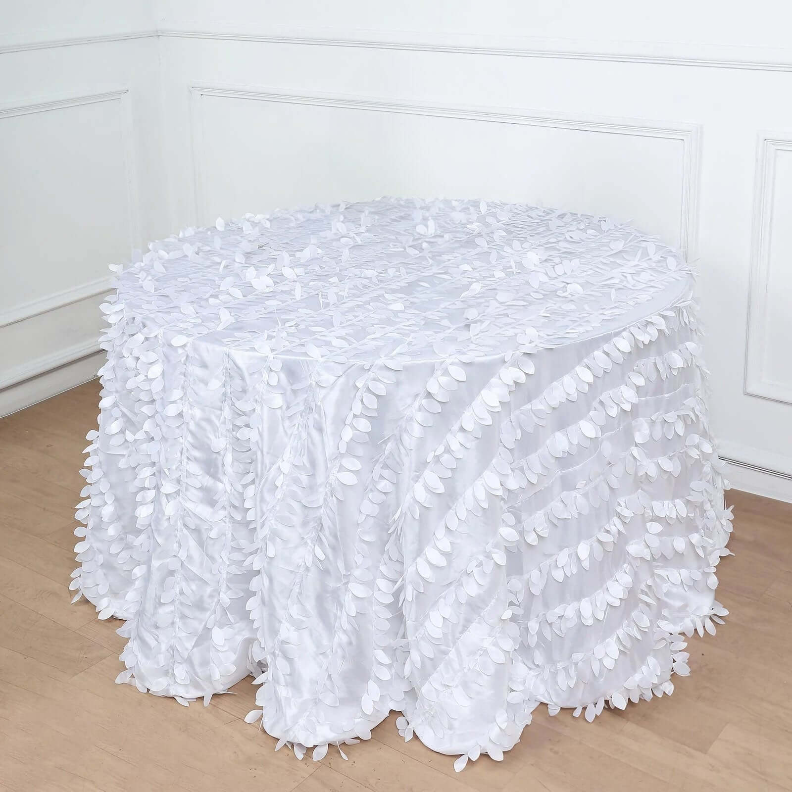Premium White Taffeta 120 Round Tablecloth with 3D Leaf Petal Design for Weddings & Events