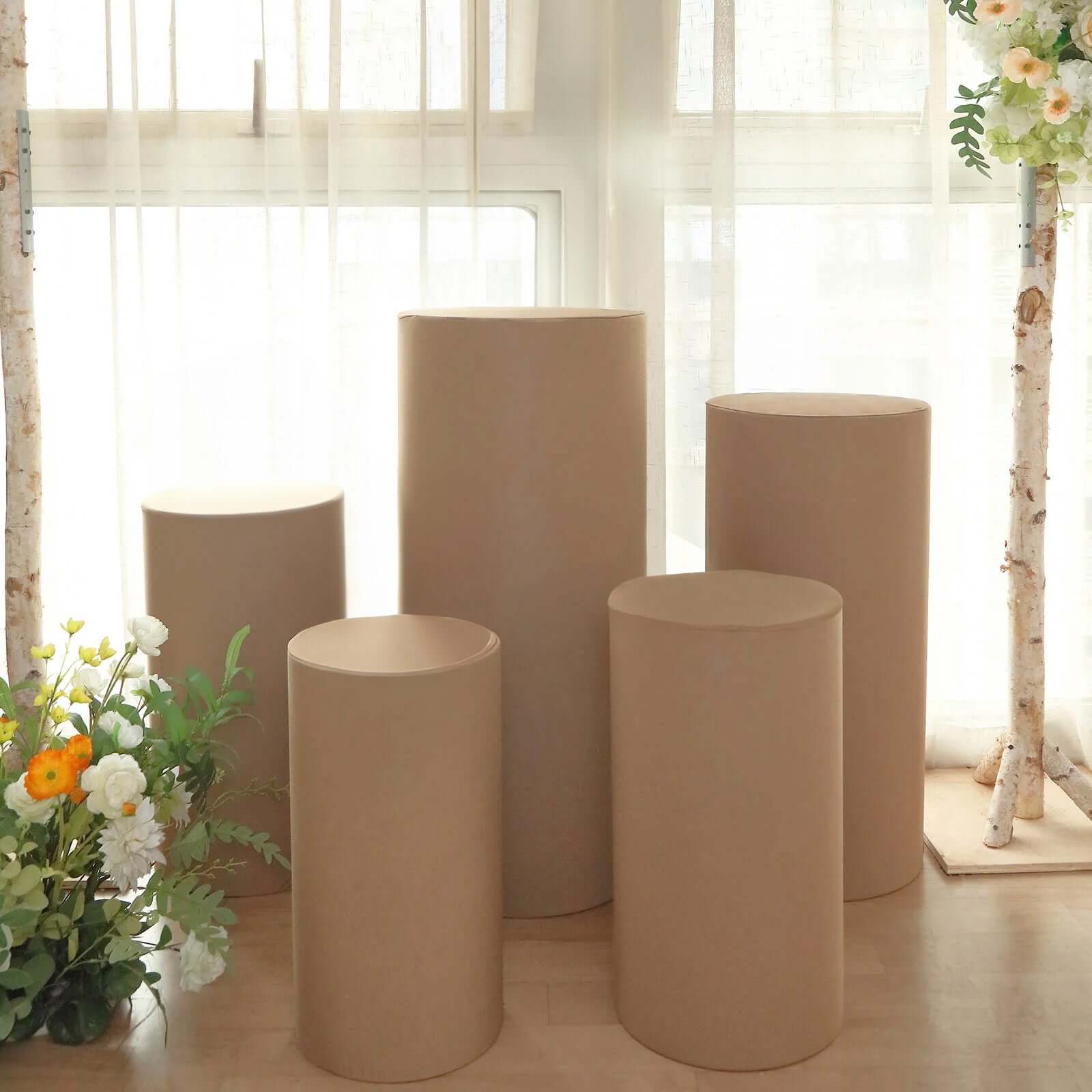 5-Piece Taupe Spandex Cylinder Pedestal Stand Covers - 160 GSM, Stretchable & Snug Fit