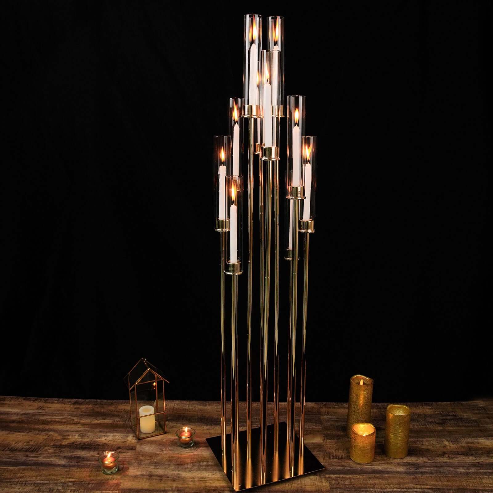 Stylish 10-Arm Gold Cluster Taper Candle Holder with Clear Glass Shades for Gatherings