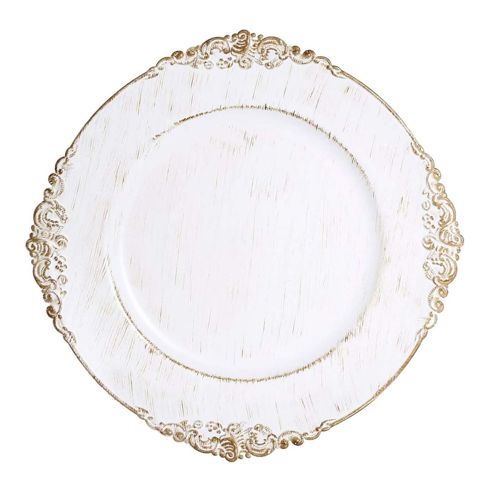 6-Piece Set of 13-Inch White Washed Acrylic Round Charger Plates with Gold Embossed Baroque Rim for Dinner Parties