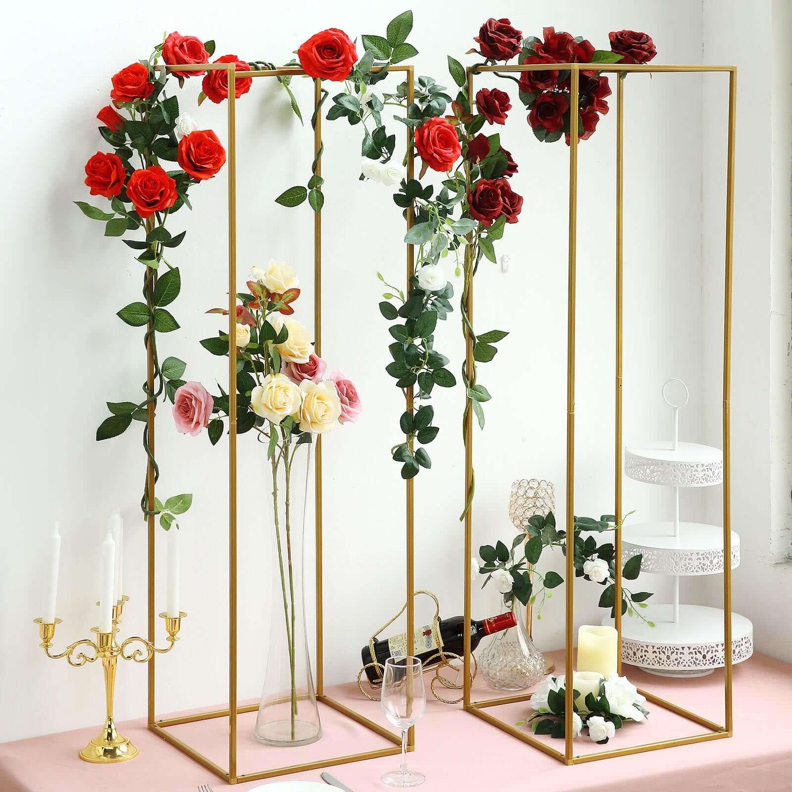 Hot Deal! 2-Pack Matte Gold Metal Rectangular Geometric Column Flower Stands for Upscale Floral Arrangements