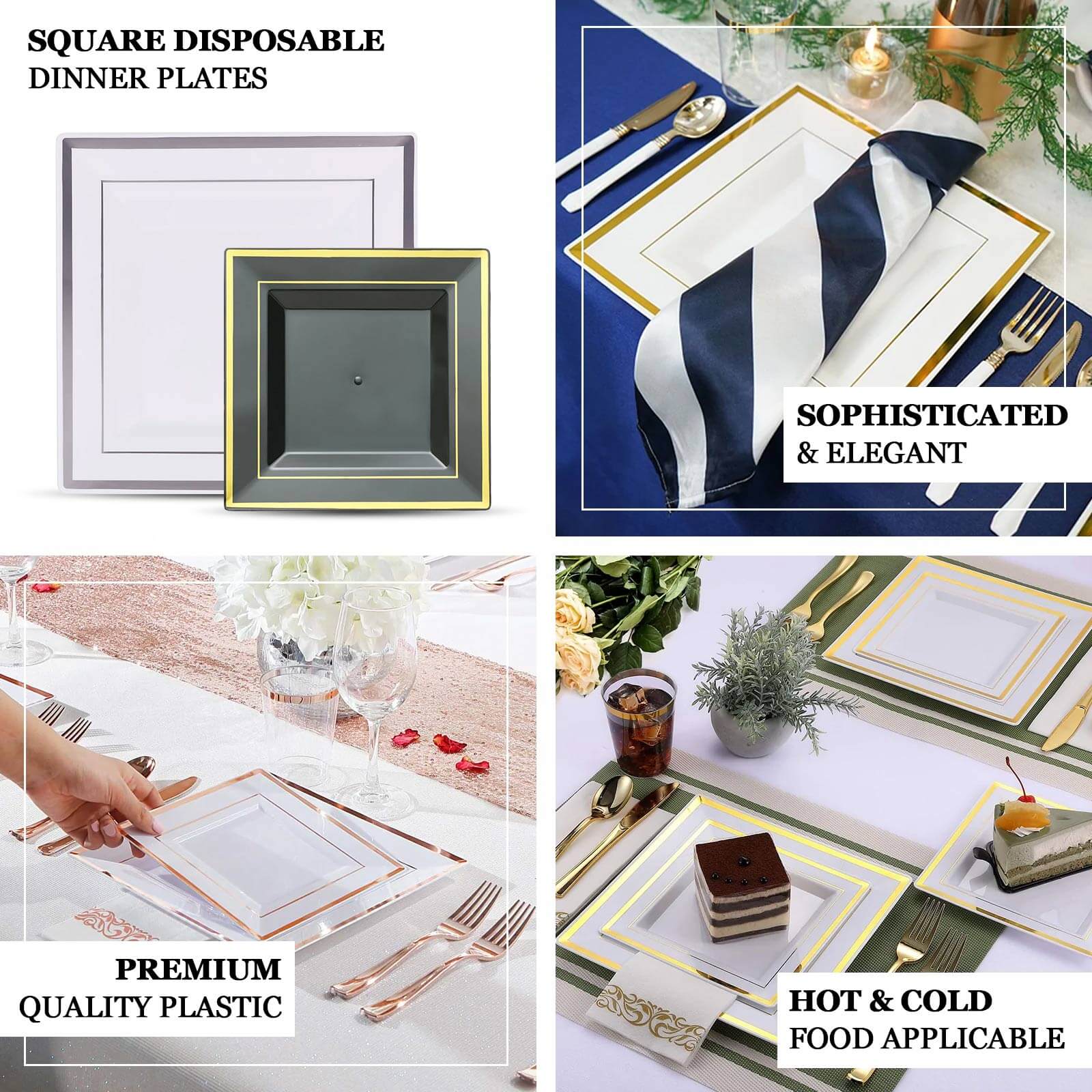10-Pack Gold Trim Clear Square Plastic Disposable Dinner Plates for Parties