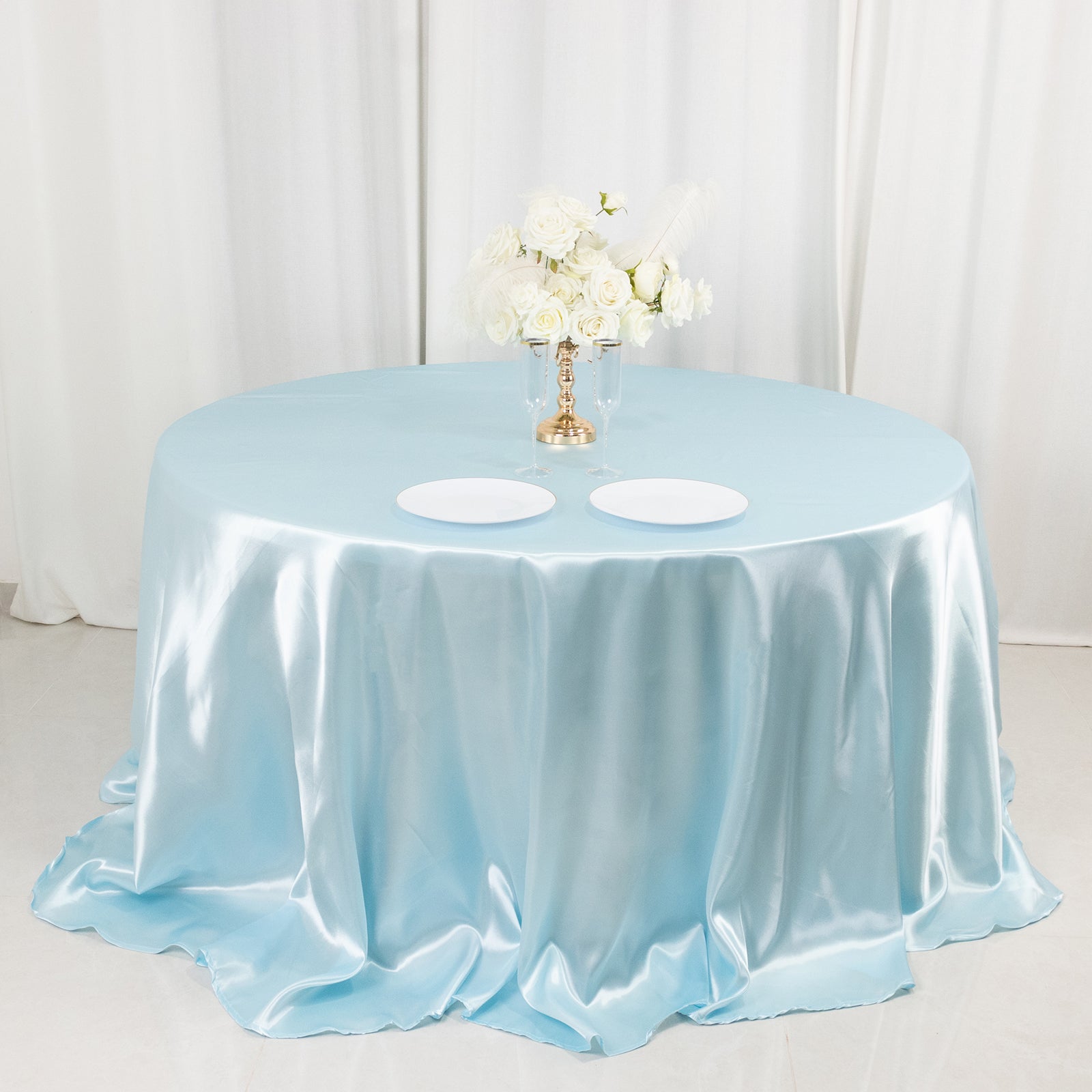 Light Blue Satin 132-Inch Round Seamless Stylish Tablecloth