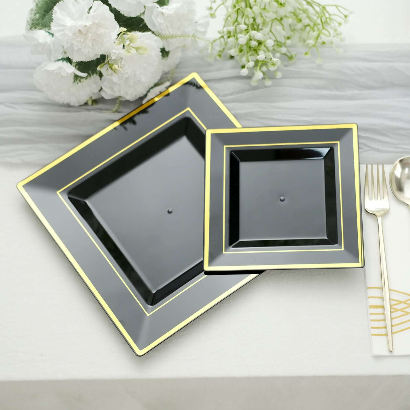 10-Piece Set of Lightweight Disposable Black Square Dinner Plates with Gold Trim