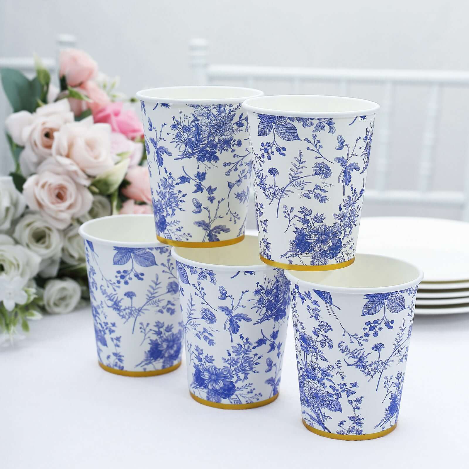24-Pack 9oz Disposable Paper Party Cups in Elegant French Toile Pattern with Gold Rim